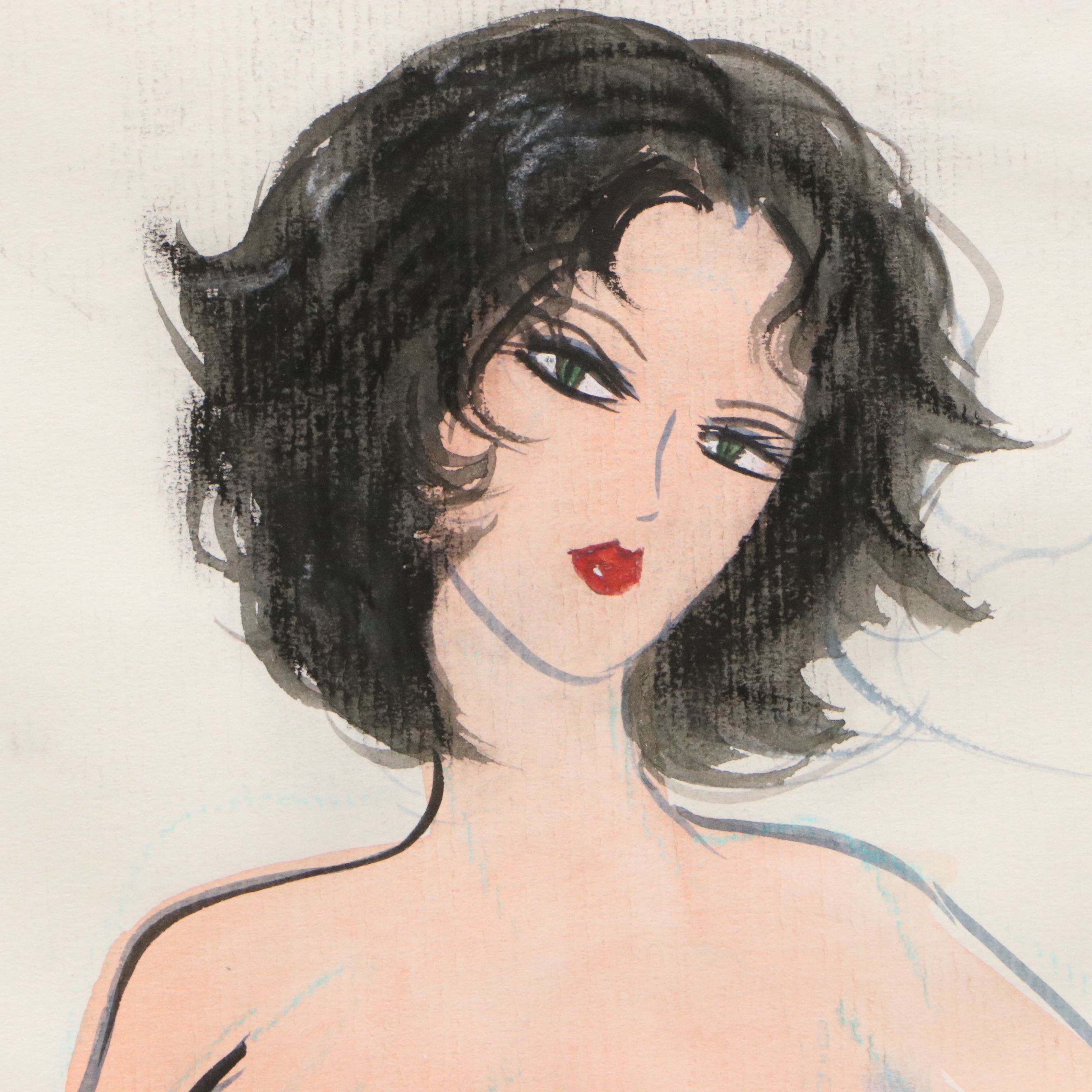 Terry Cramolini Watercolor Painting of Femme Fatale Nude, Circa 2000