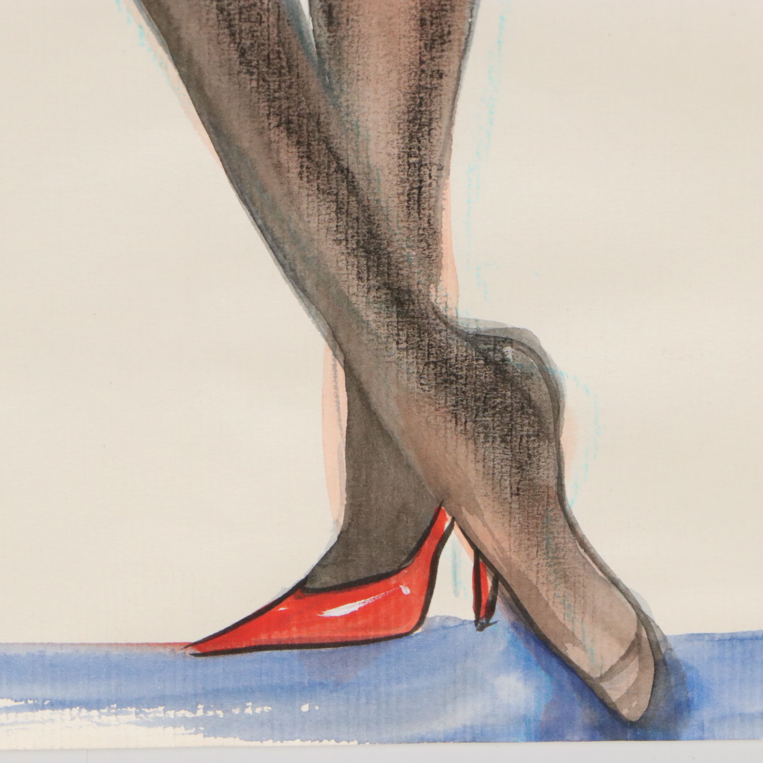 Terry Cramolini Watercolor Painting of Femme Fatale Nude, Circa 2000