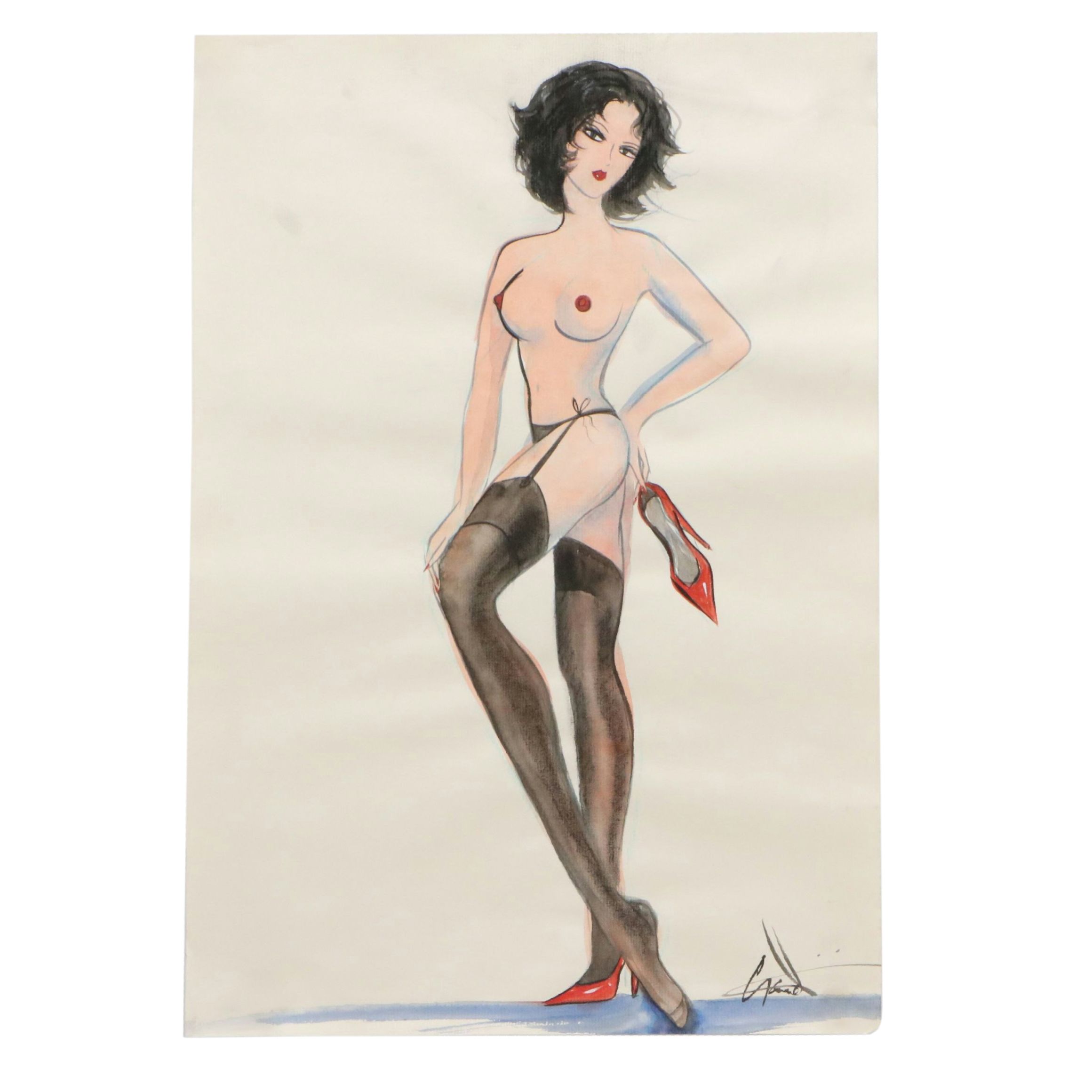 Terry Cramolini Watercolor Painting of Femme Fatale Nude, Circa 2000