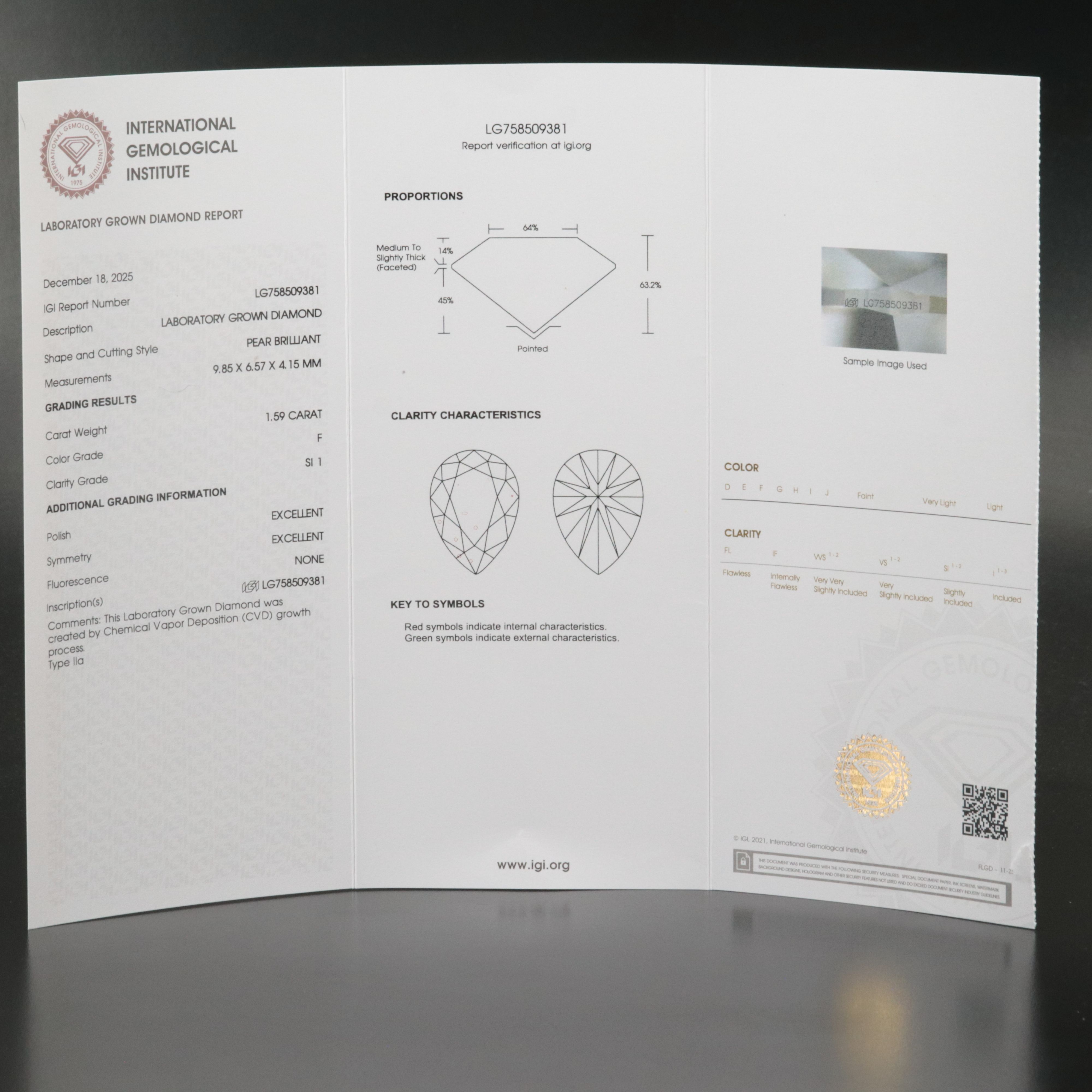 Loose 1.59 CT Lab Grown Diamond with IGI Report