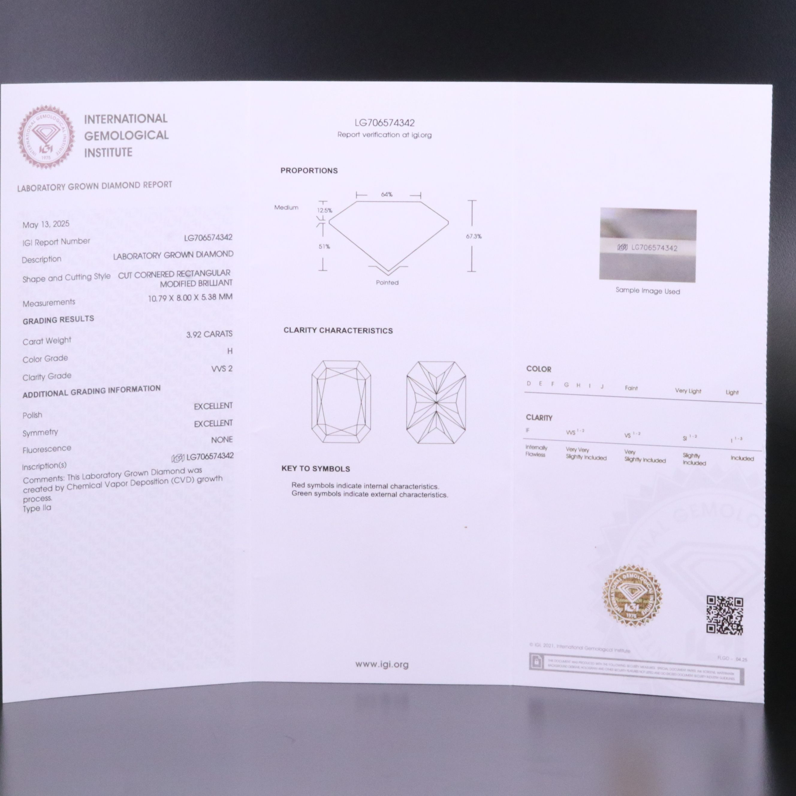 Loose 3.92 CT Lab Grown Diamond with IGI Report