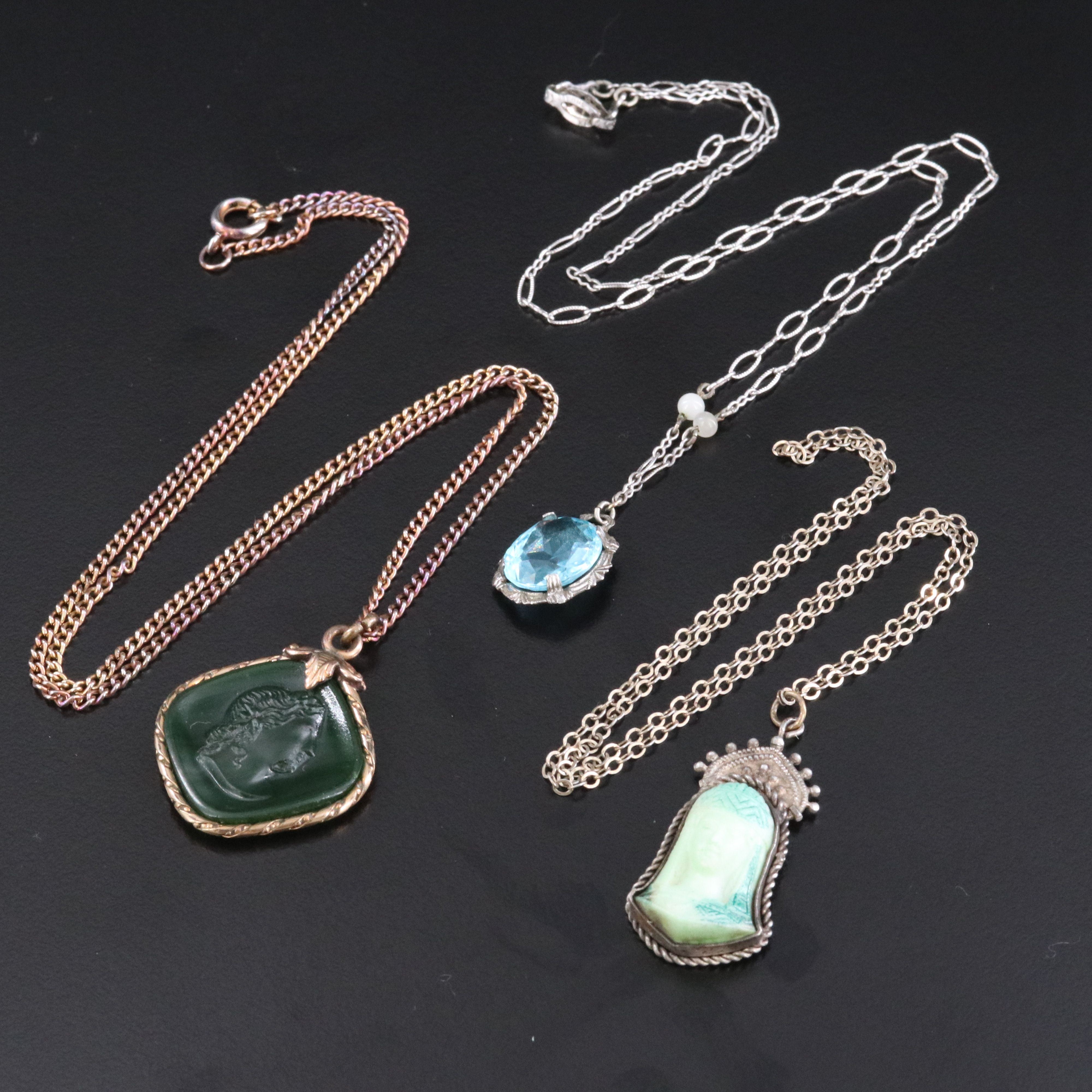 Art Deco Sterling Dionysus & Egyptian Revival Cameo Necklaces