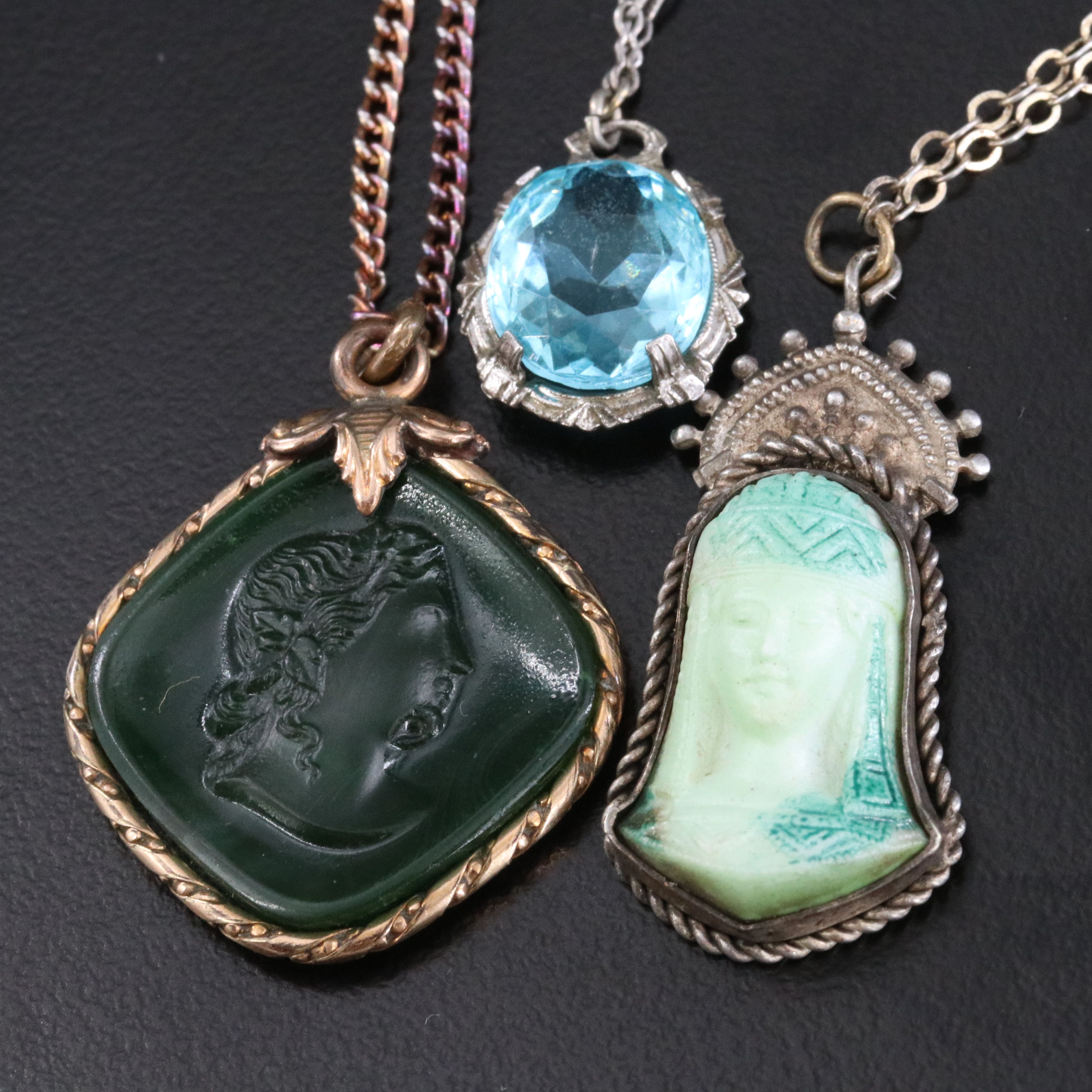 Art Deco Sterling Dionysus & Egyptian Revival Cameo Necklaces