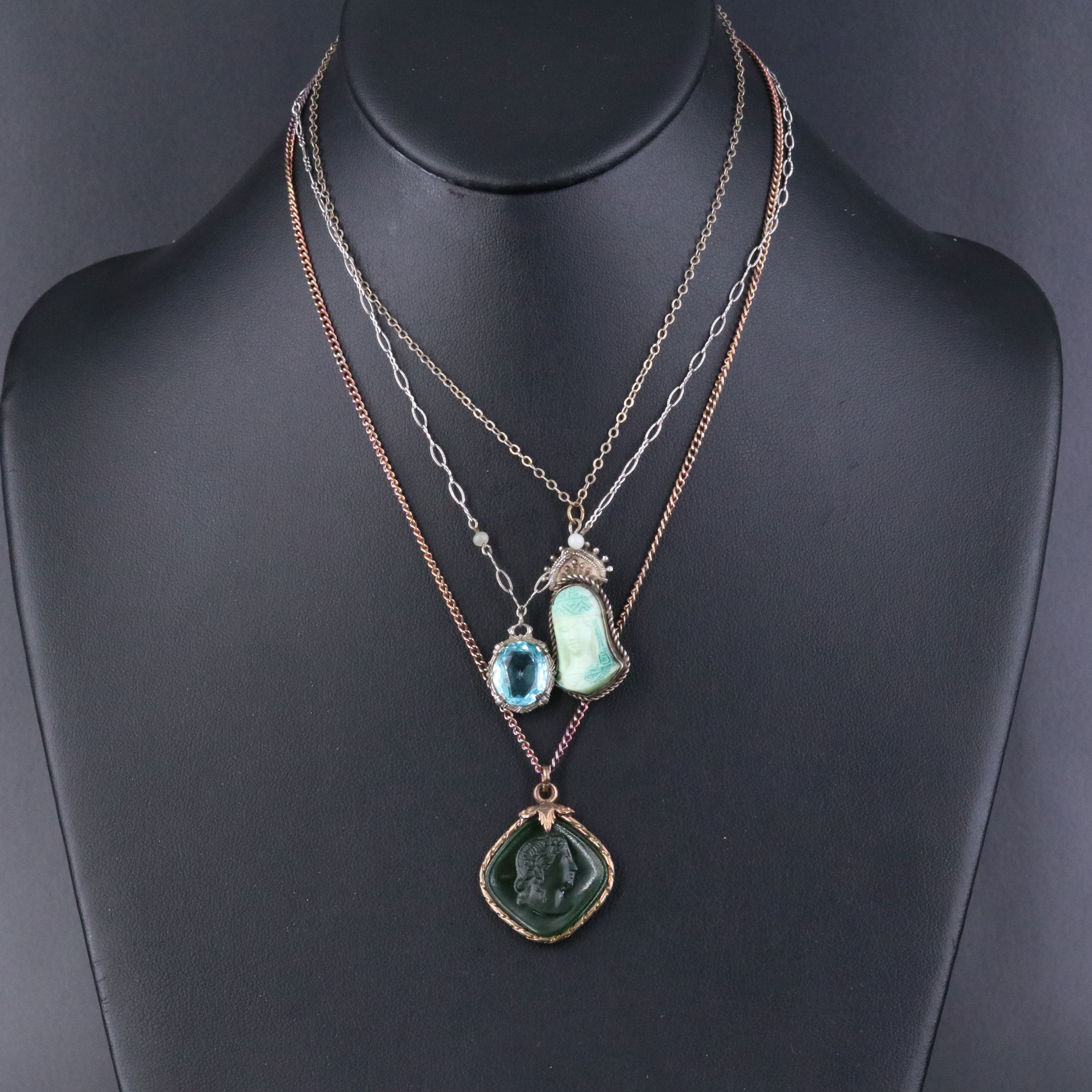 Art Deco Sterling Dionysus & Egyptian Revival Cameo Necklaces