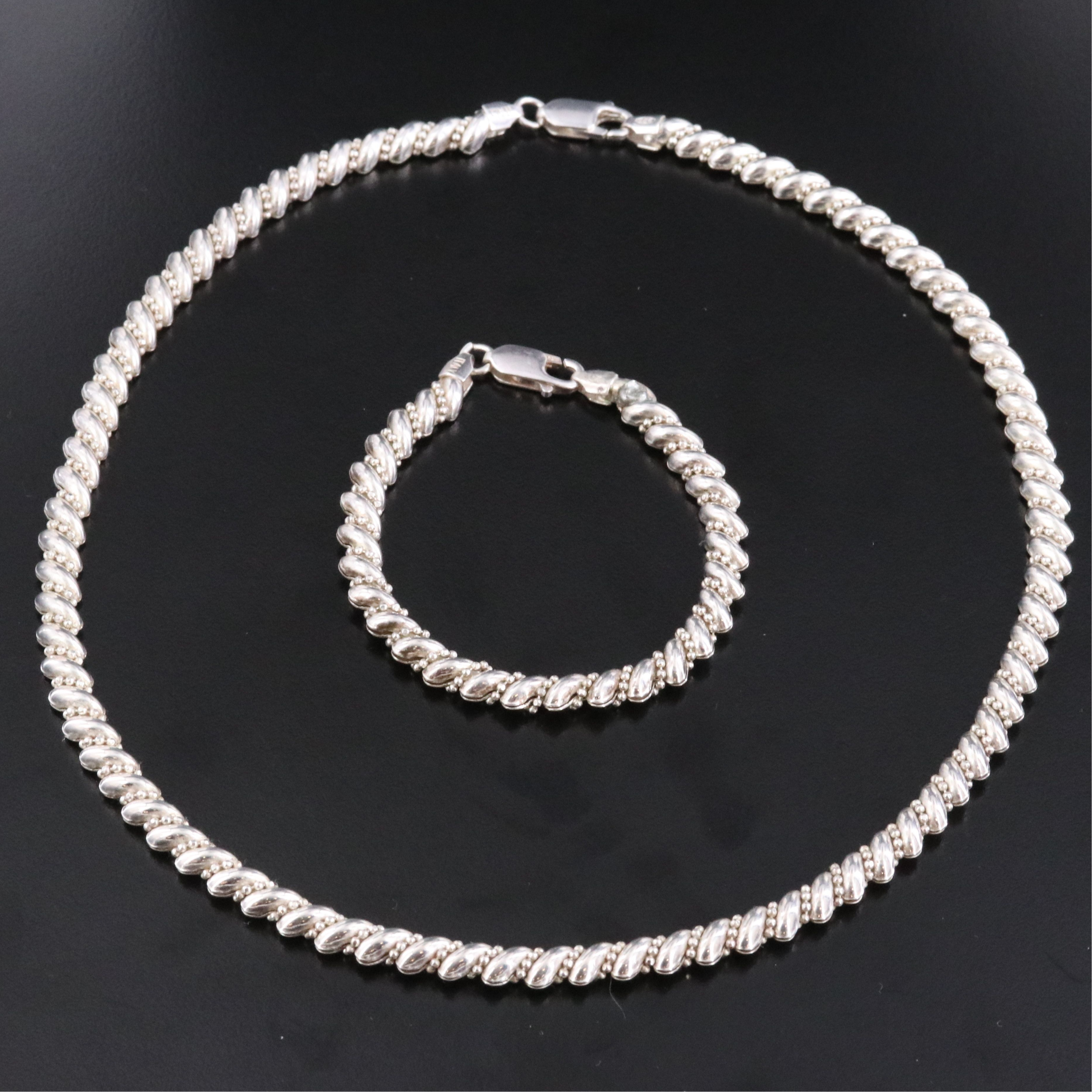 Sterling Fancy and Bead Chain Necklace and Bracelet