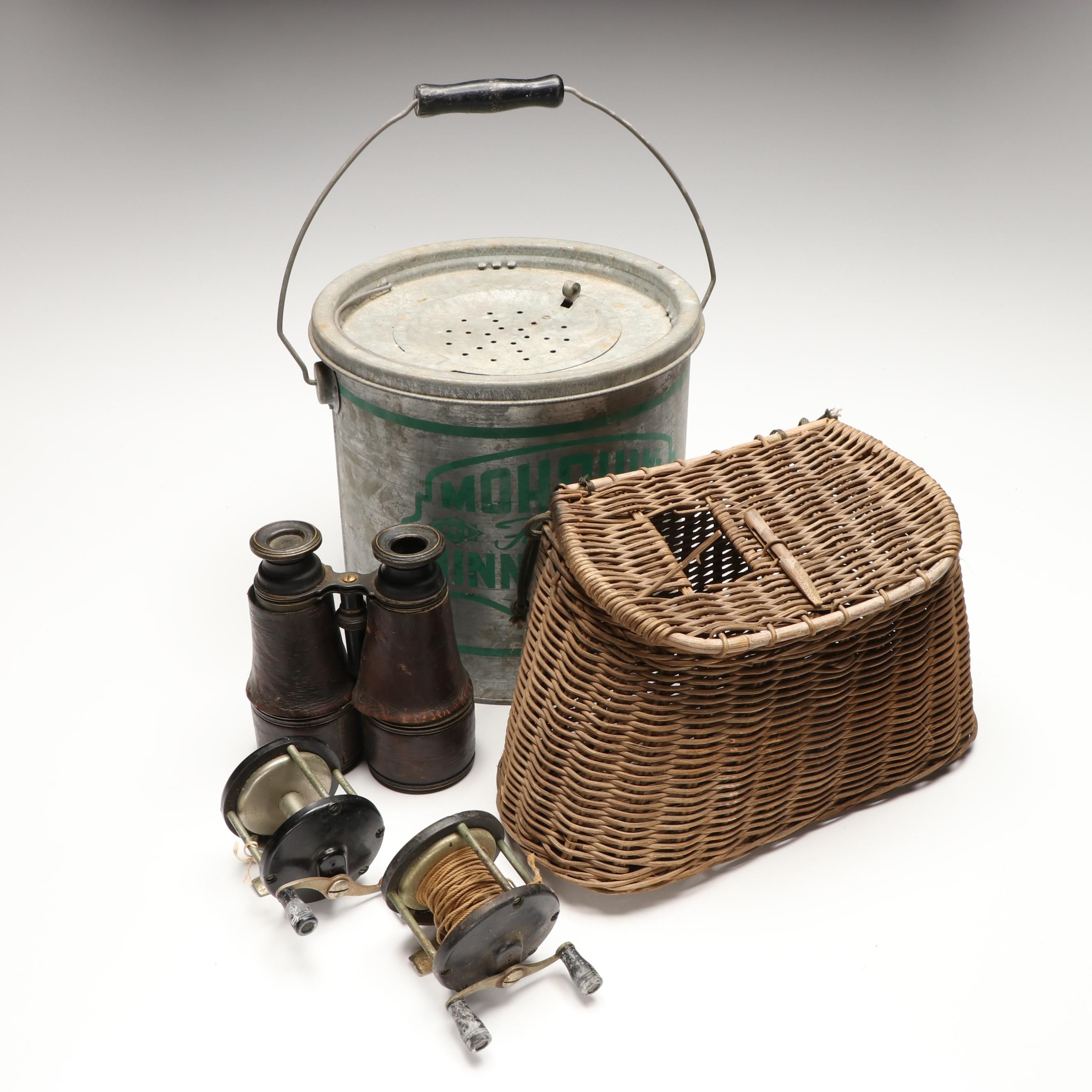 Leather Bound Binoculars, Woven Fishing Basket, and More Outdoor Collectibles