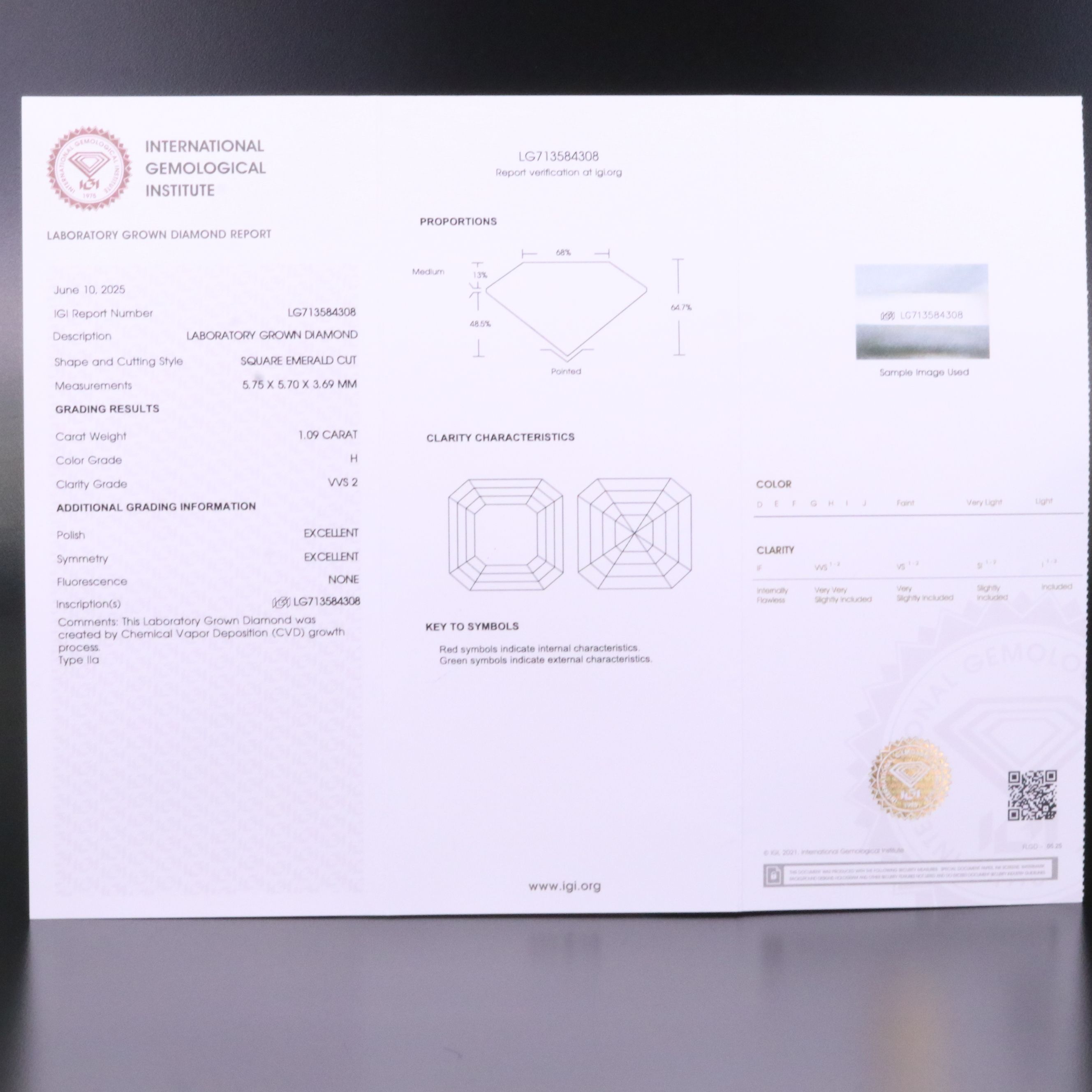Loose 1.09 CT Lab Grown Diamond with IGI Report