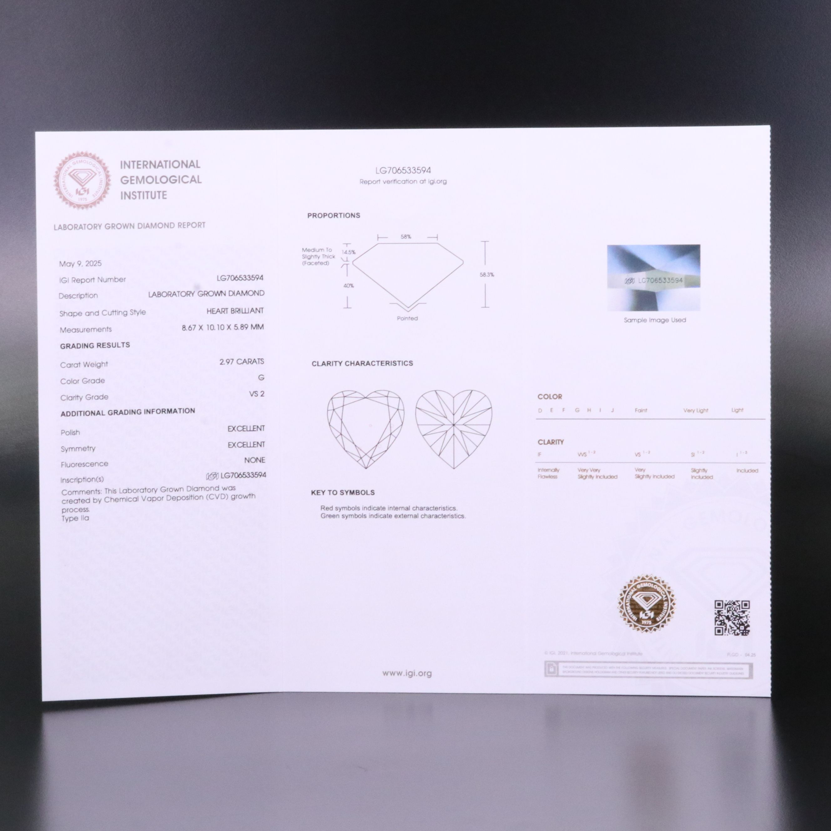 Loose 2.97 CT Lab Grown Diamond with IGI Report