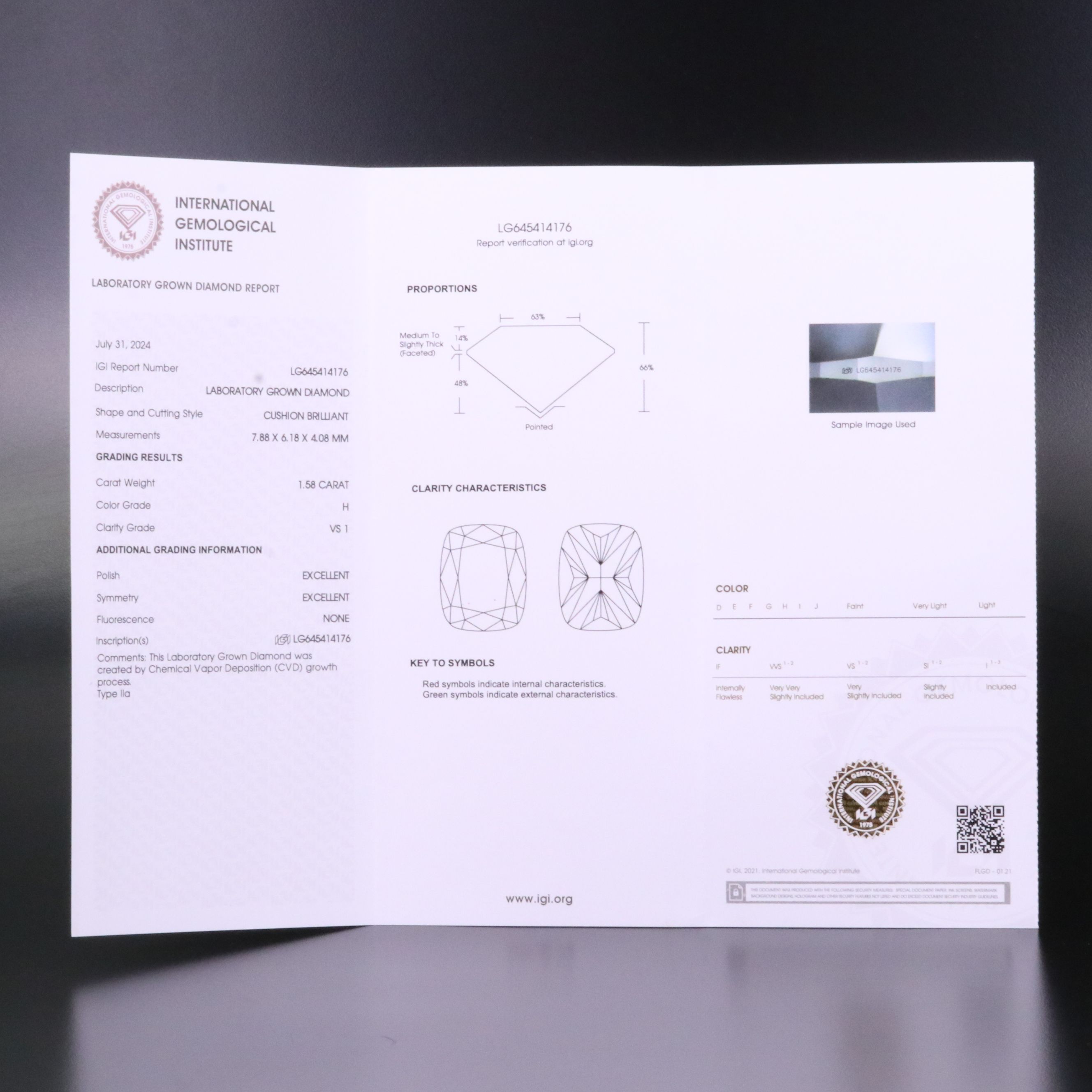 Loose 1.58 CT Lab Grown Diamond with IGI Report