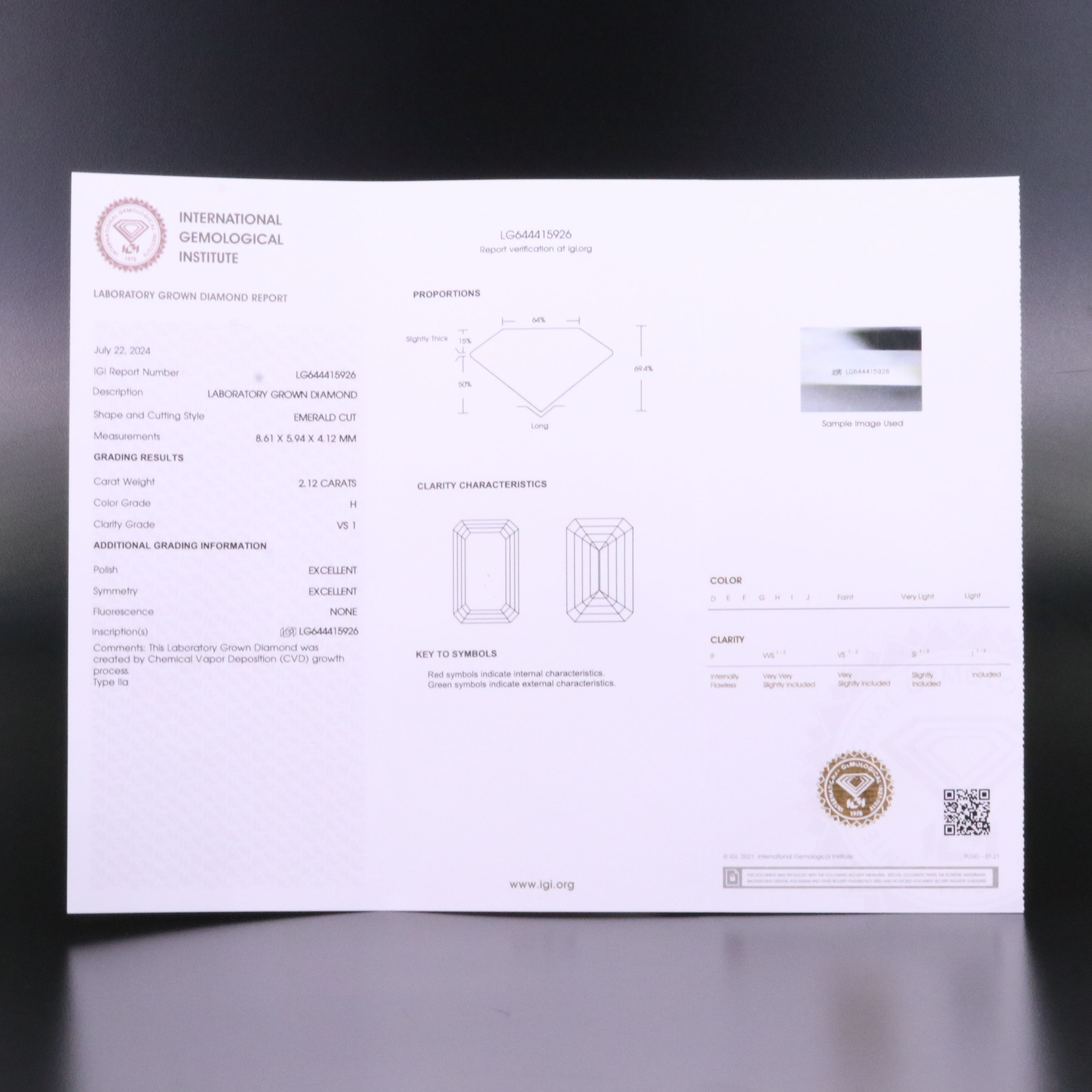 Loose 2.12 CT Lab Grown Diamond with IGI Report