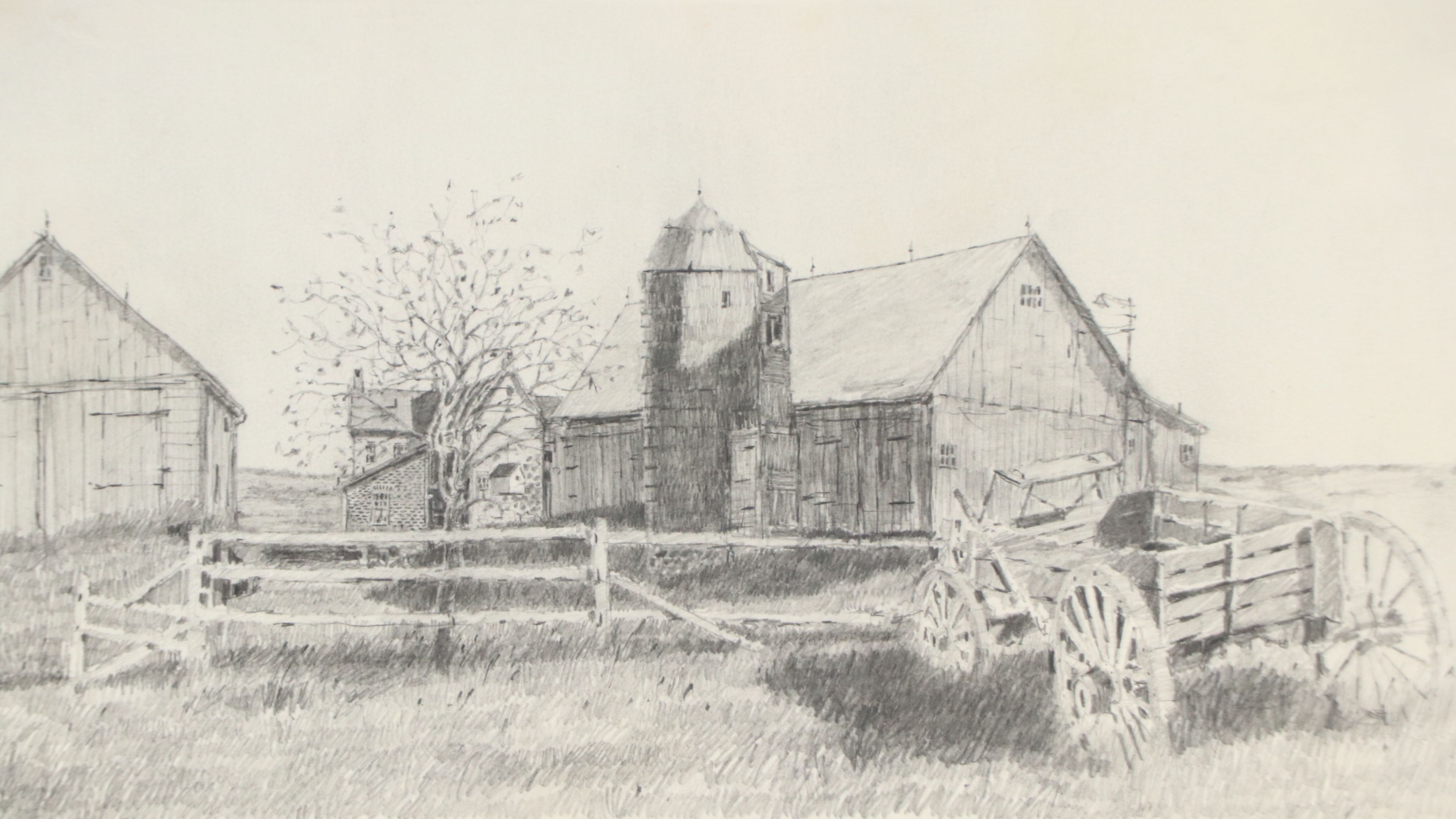 Melvin Johnson Graphite Drawing of Farm, 20th Century