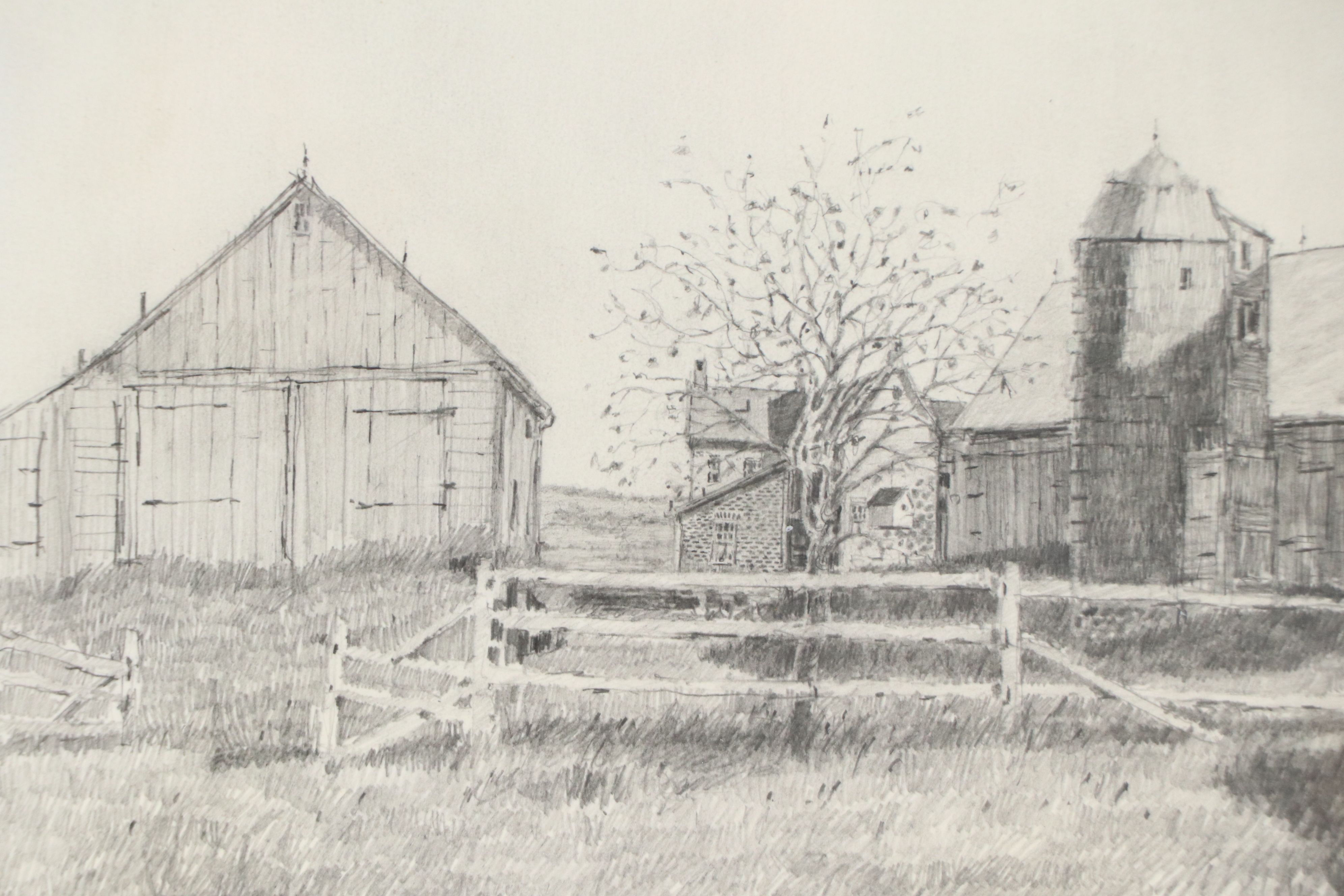 Melvin Johnson Graphite Drawing of Farm, 20th Century
