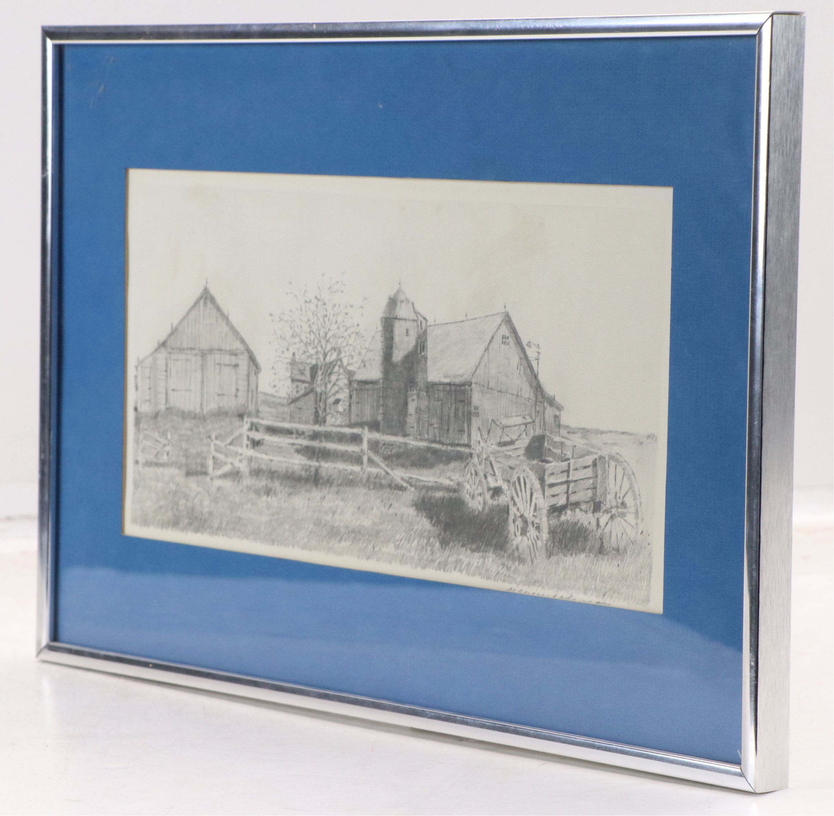 Melvin Johnson Graphite Drawing of Farm, 20th Century