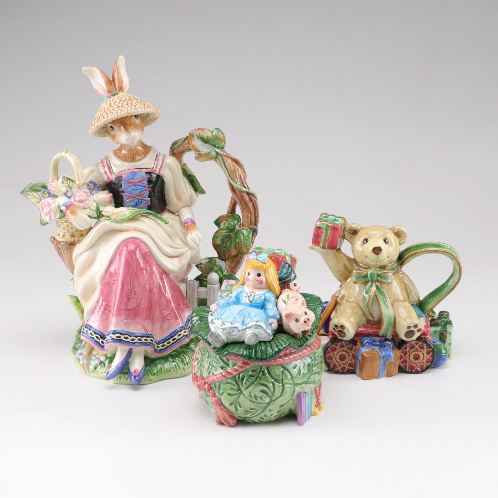 Fitz & Floyd "Lady Rabbit" Teapot and "Old Fashioned Christmas" Creamer & Sugar