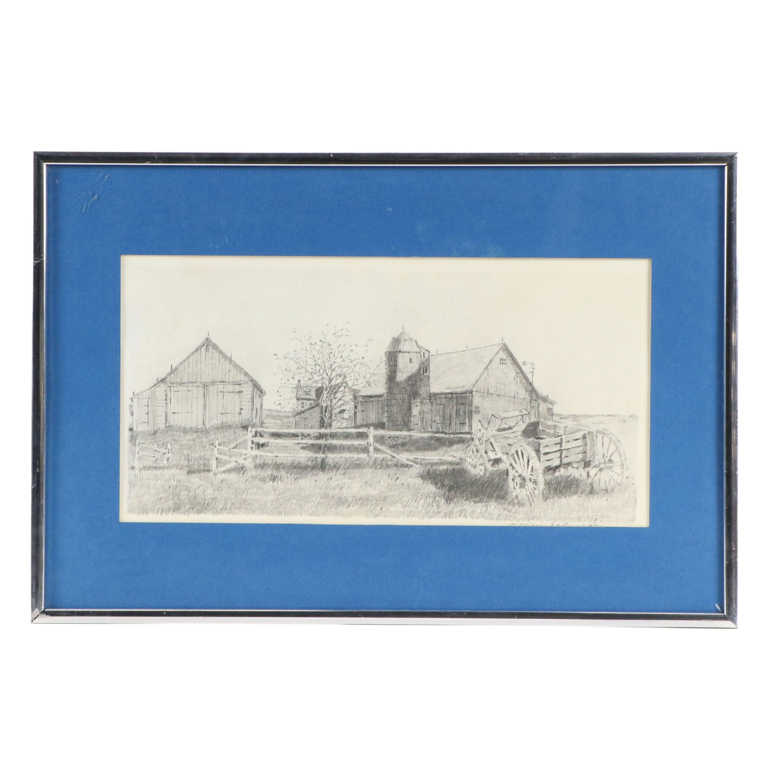 Melvin Johnson Graphite Drawing of Farm, 20th Century
