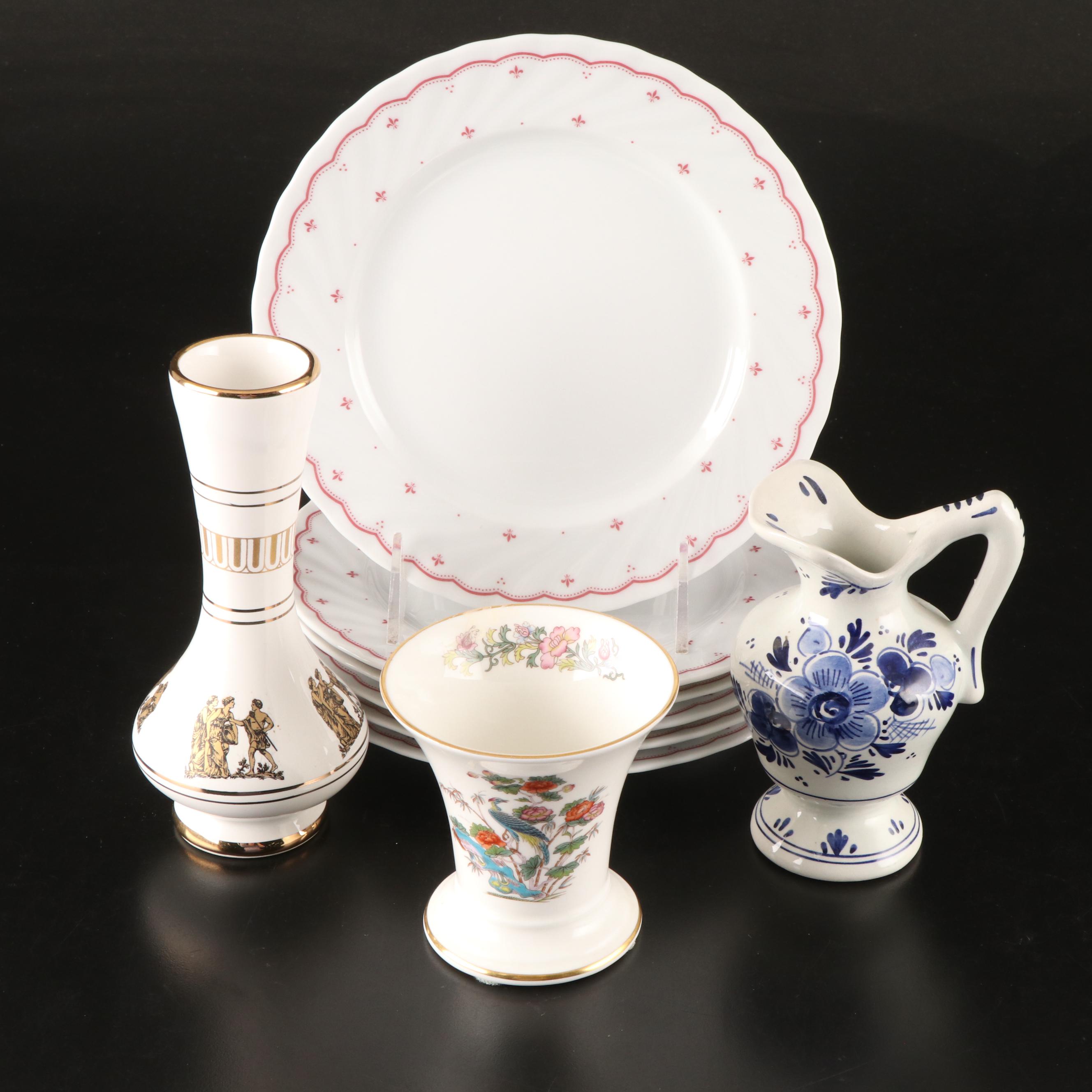 Seltmann Weiden Porcelain Salad Plates, Porcelain Bud Vases, and Delft Creamer