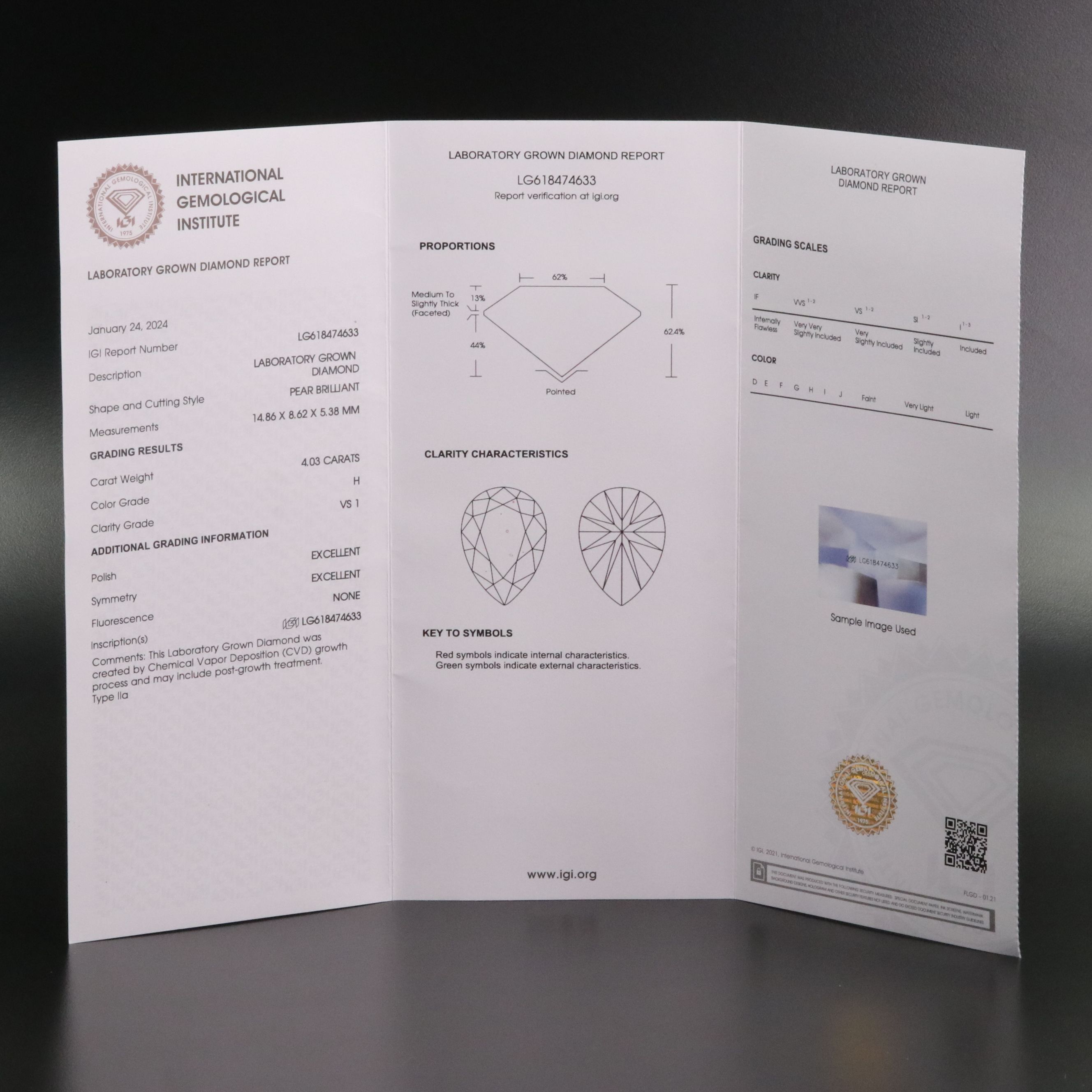 Loose 4.03 CT Lab Grown Diamond with IGI Report