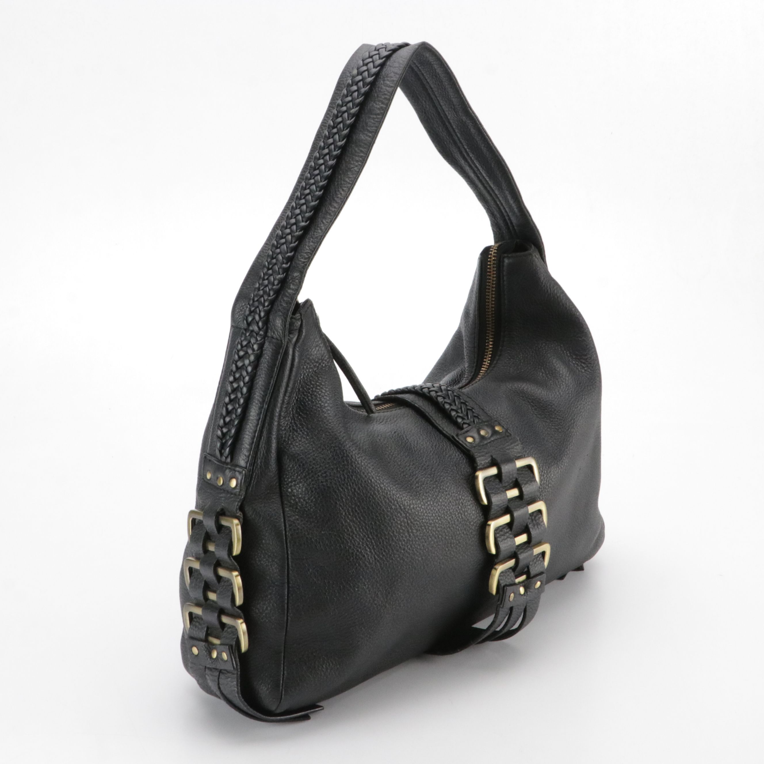 Salvatore Ferragamo Hobo Shoulder Bag in Black Leather with Braided/Woven Detail