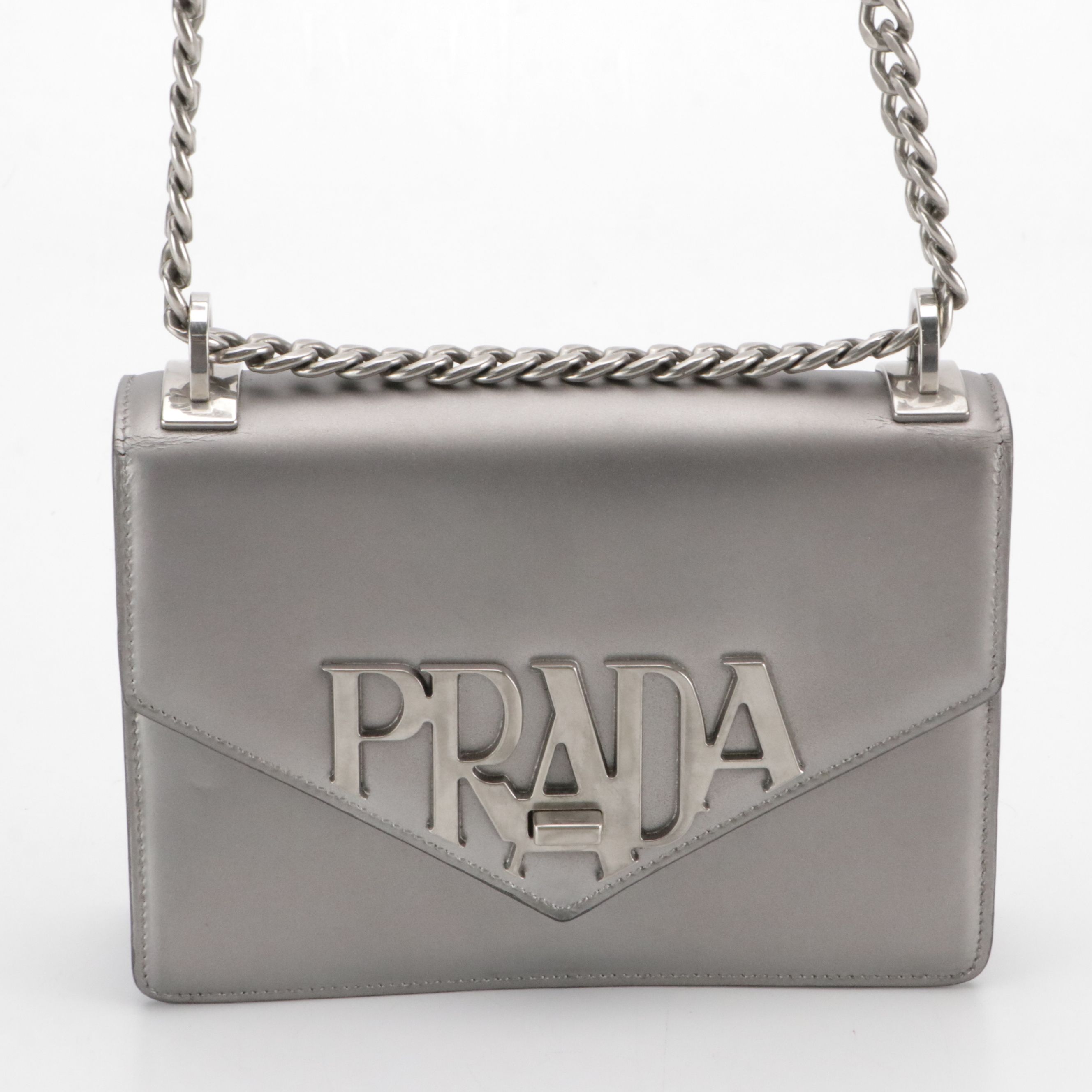 Prada Spazzolato Logo Envelope Flap Shoulder Bag in Metallic Silver Leather
