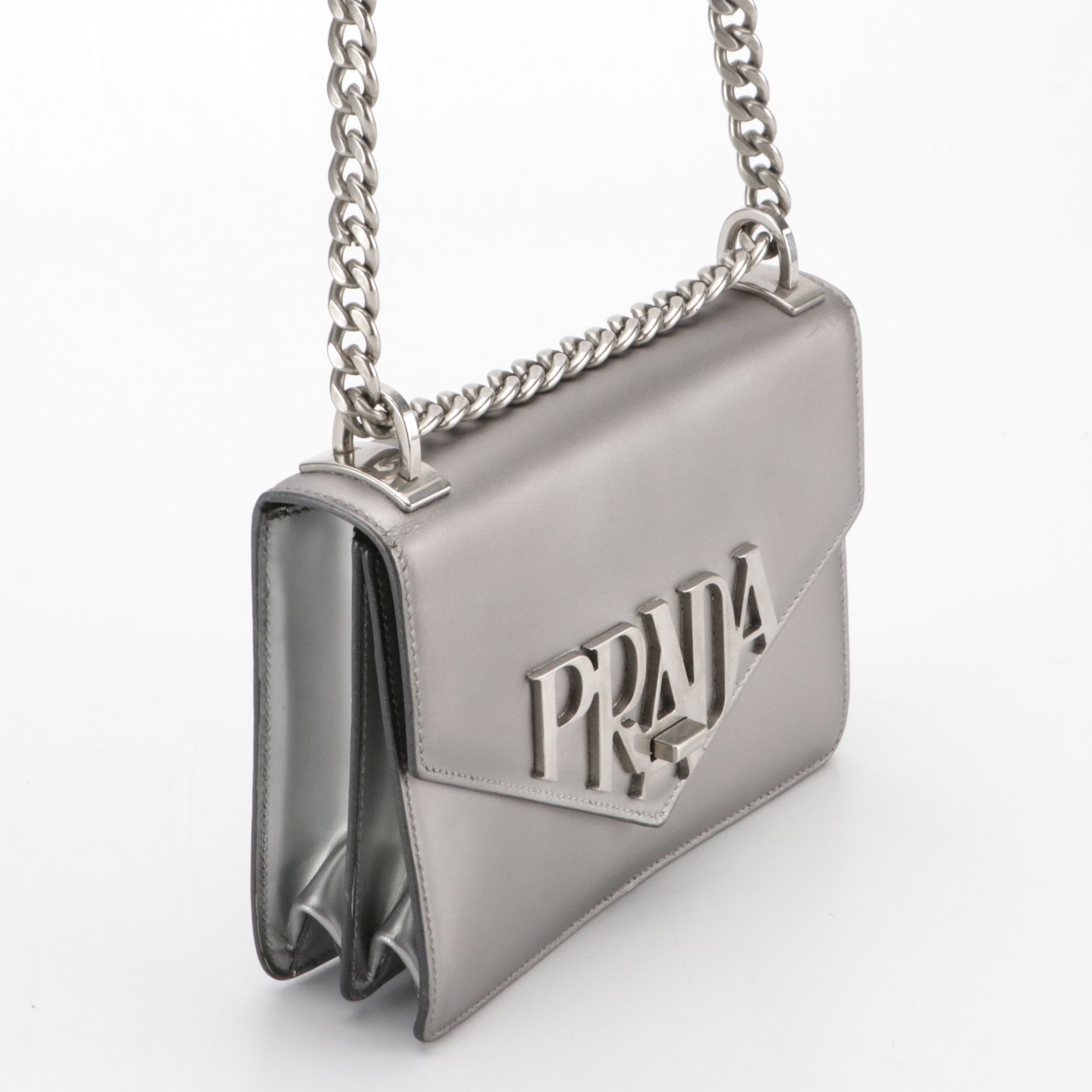 Prada Spazzolato Logo Envelope Flap Shoulder Bag in Metallic Silver Leather