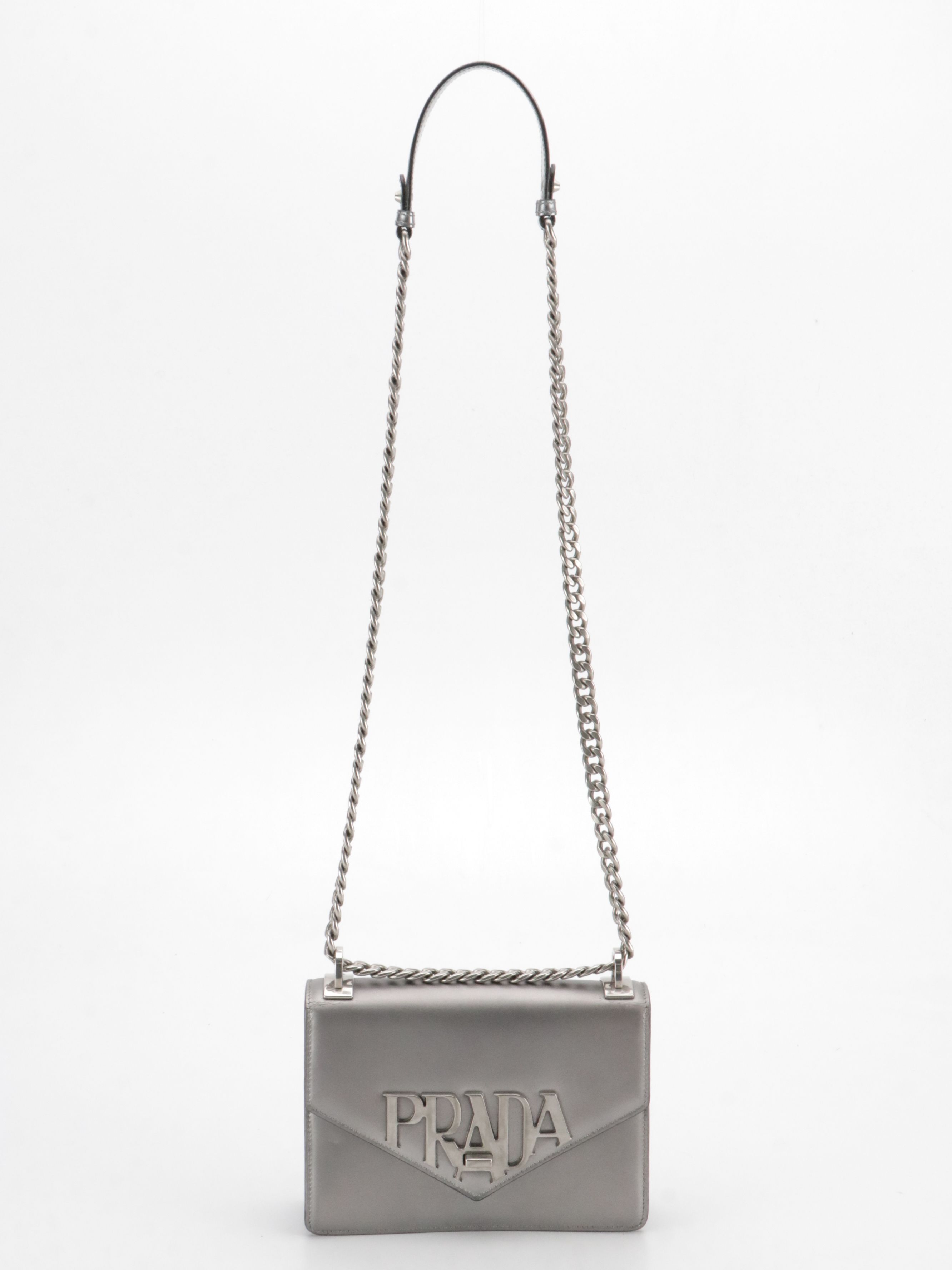 Prada Spazzolato Logo Envelope Flap Shoulder Bag in Metallic Silver Leather