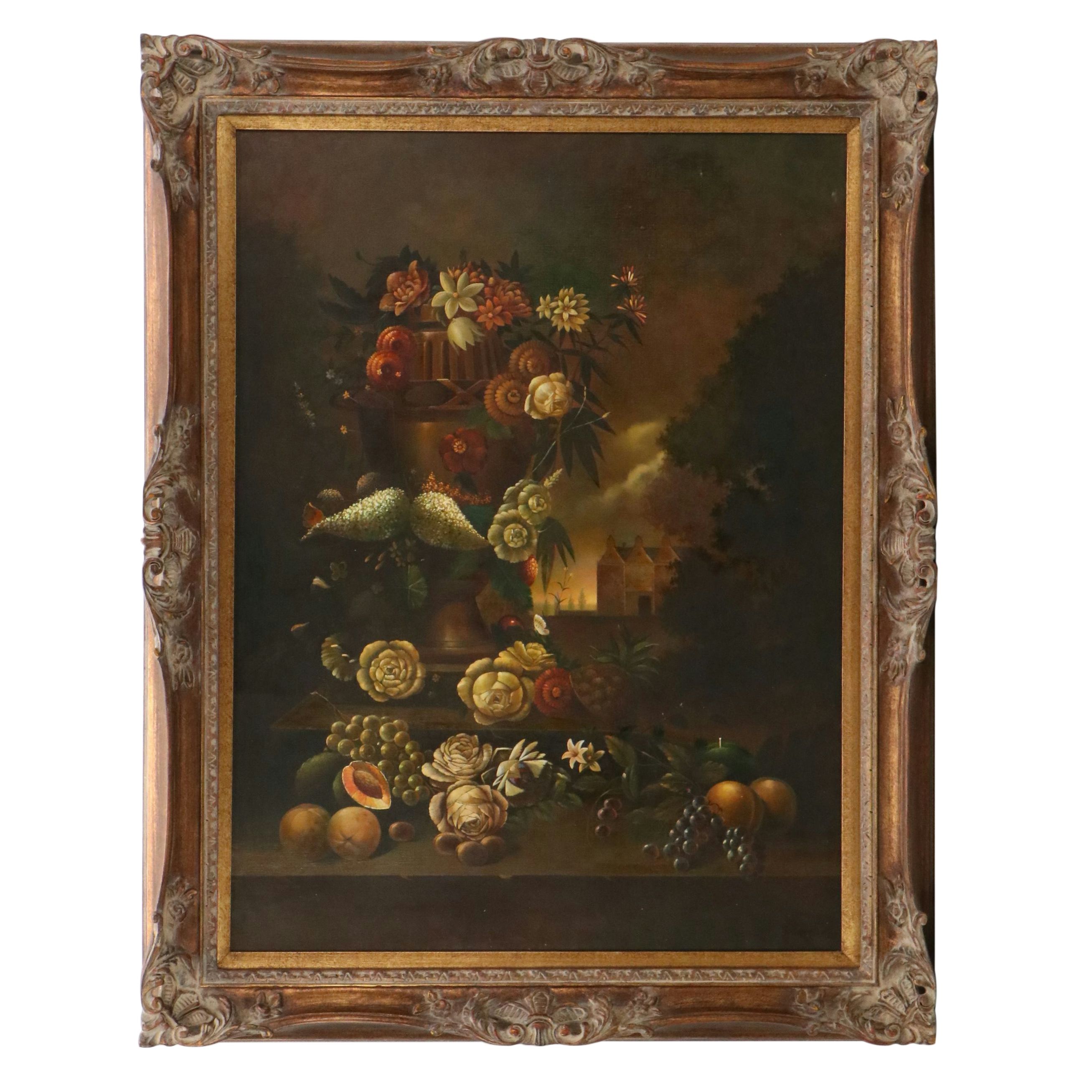Italian School Style Oil Painting of Floral Still Life