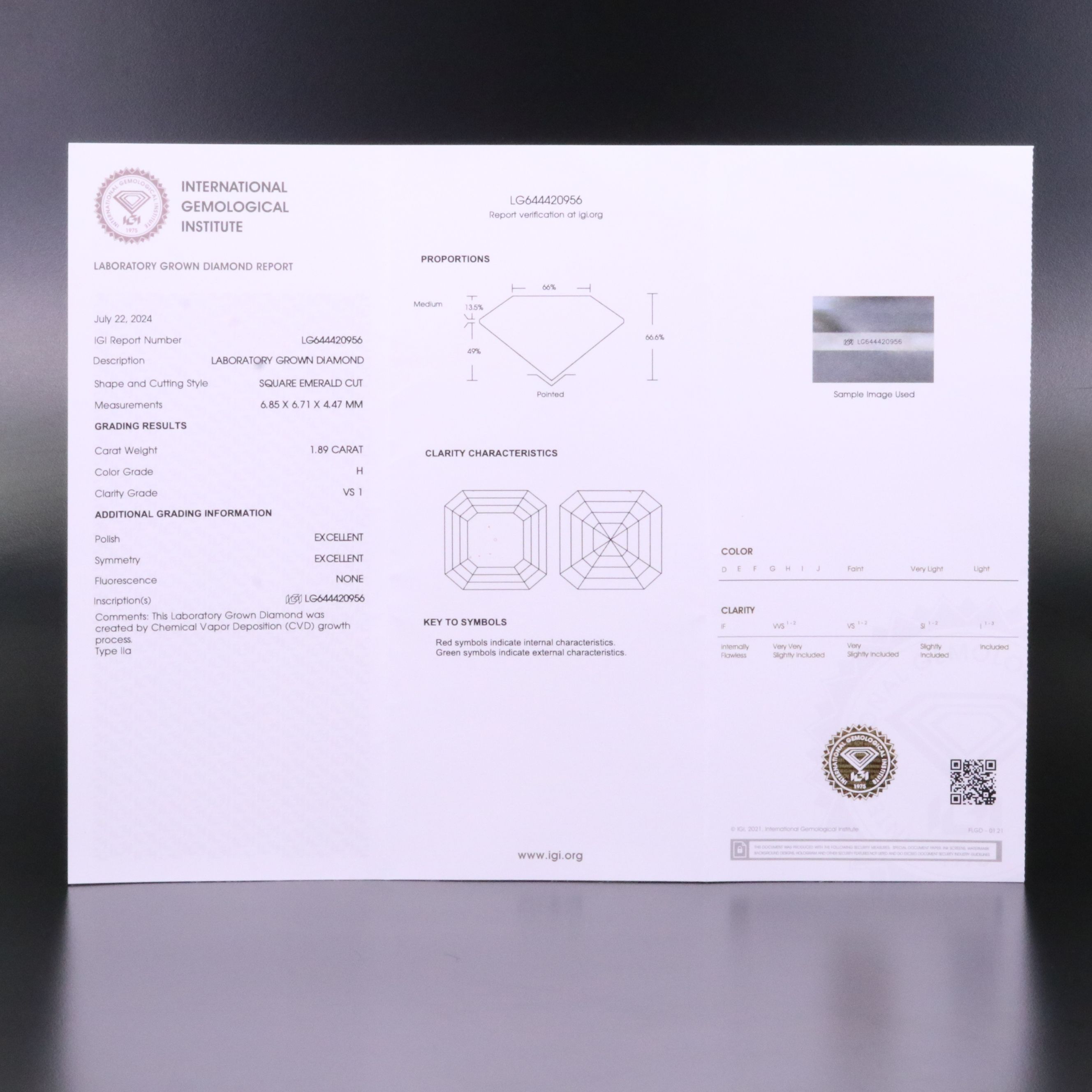 Loose 1.89 CT Lab Grown Diamond with IGI Report
