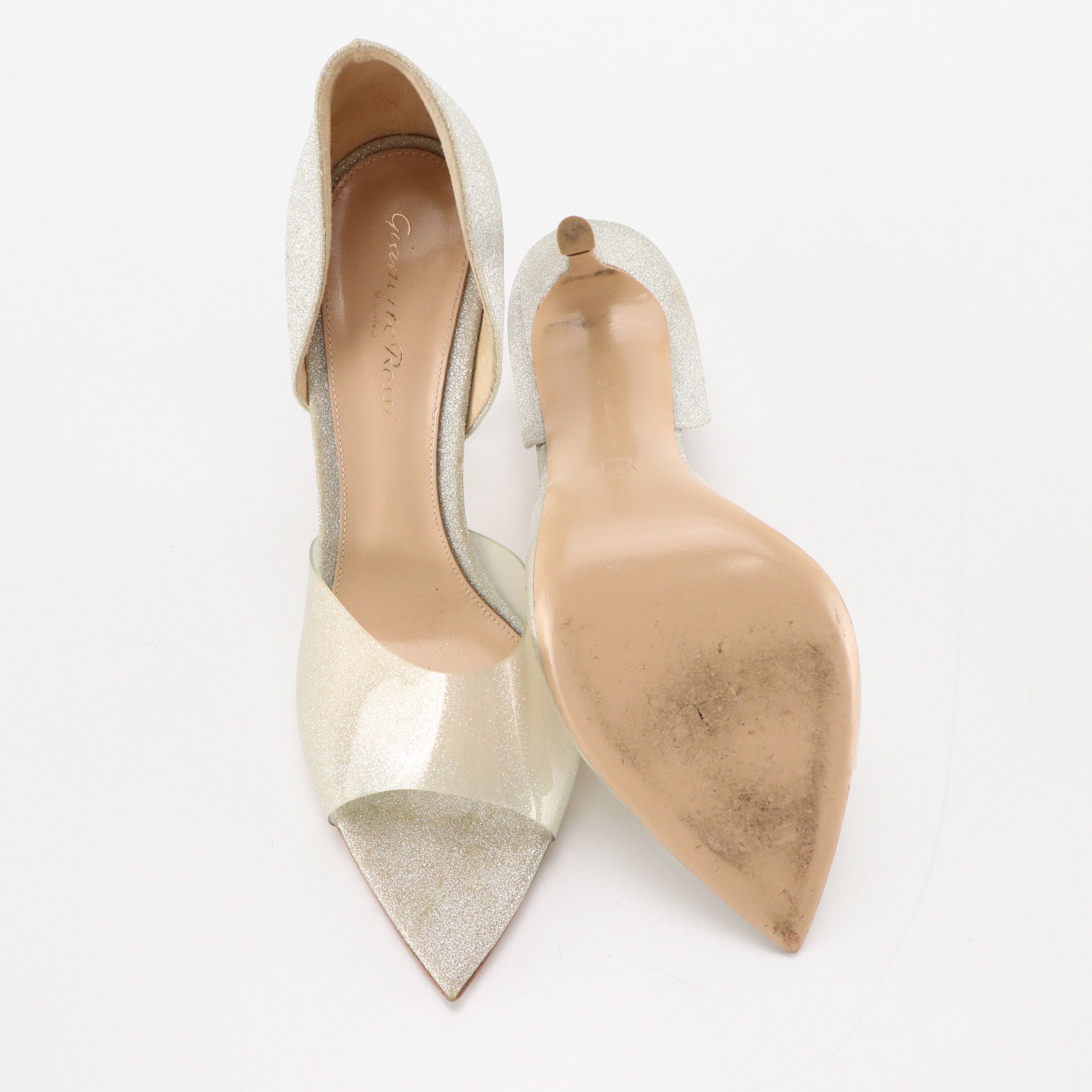 Gianvito Rossi Silver Glitter Peep-Toe Pumps, Other Metallic Leather Slingbacks