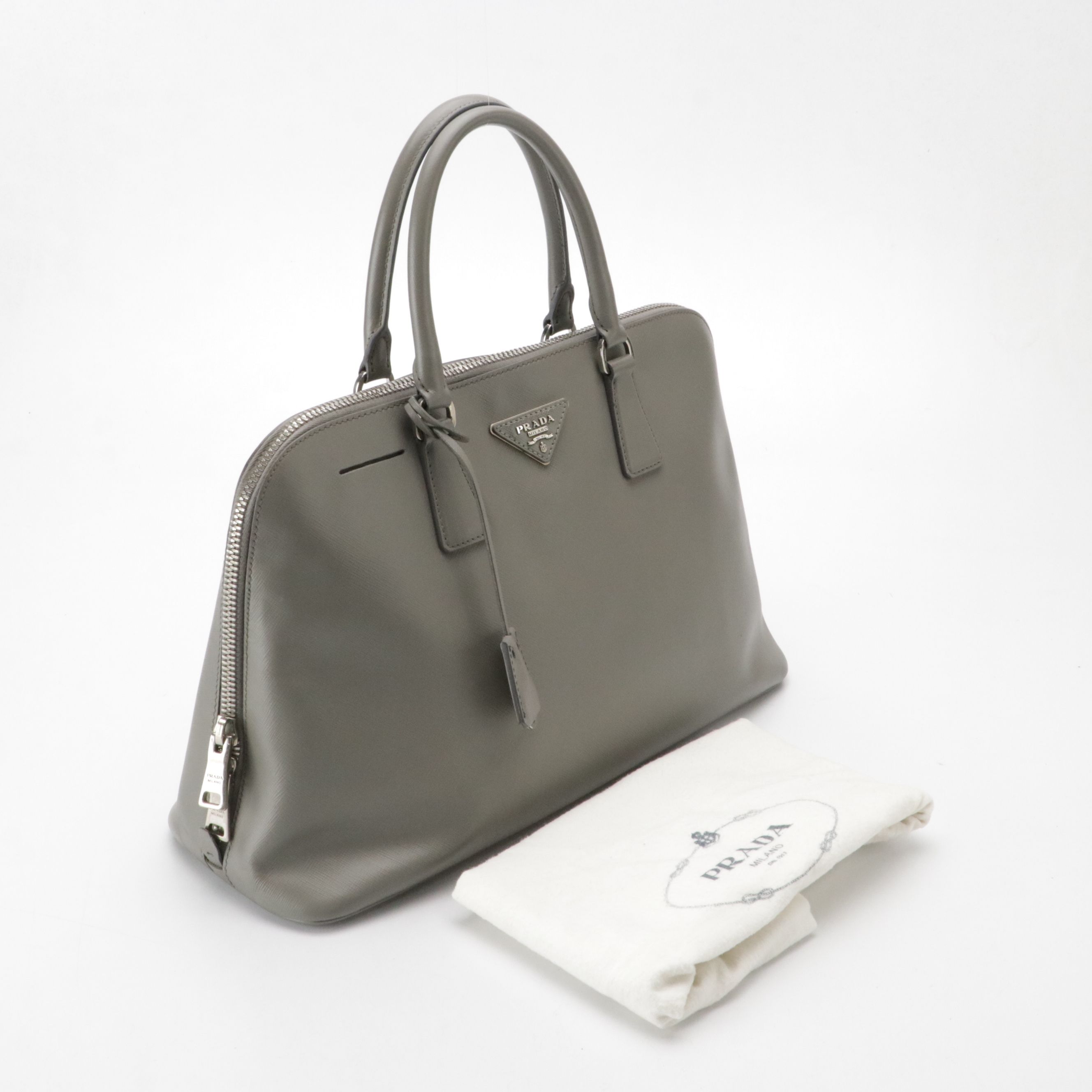 Prada Promenade Dome Handbag in Gray Saffiano Lux Leather