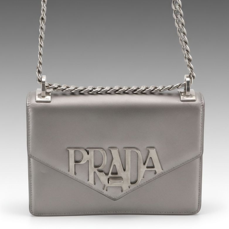 Prada Spazzolato Logo Envelope Flap Shoulder Bag in Metallic Silver Leather