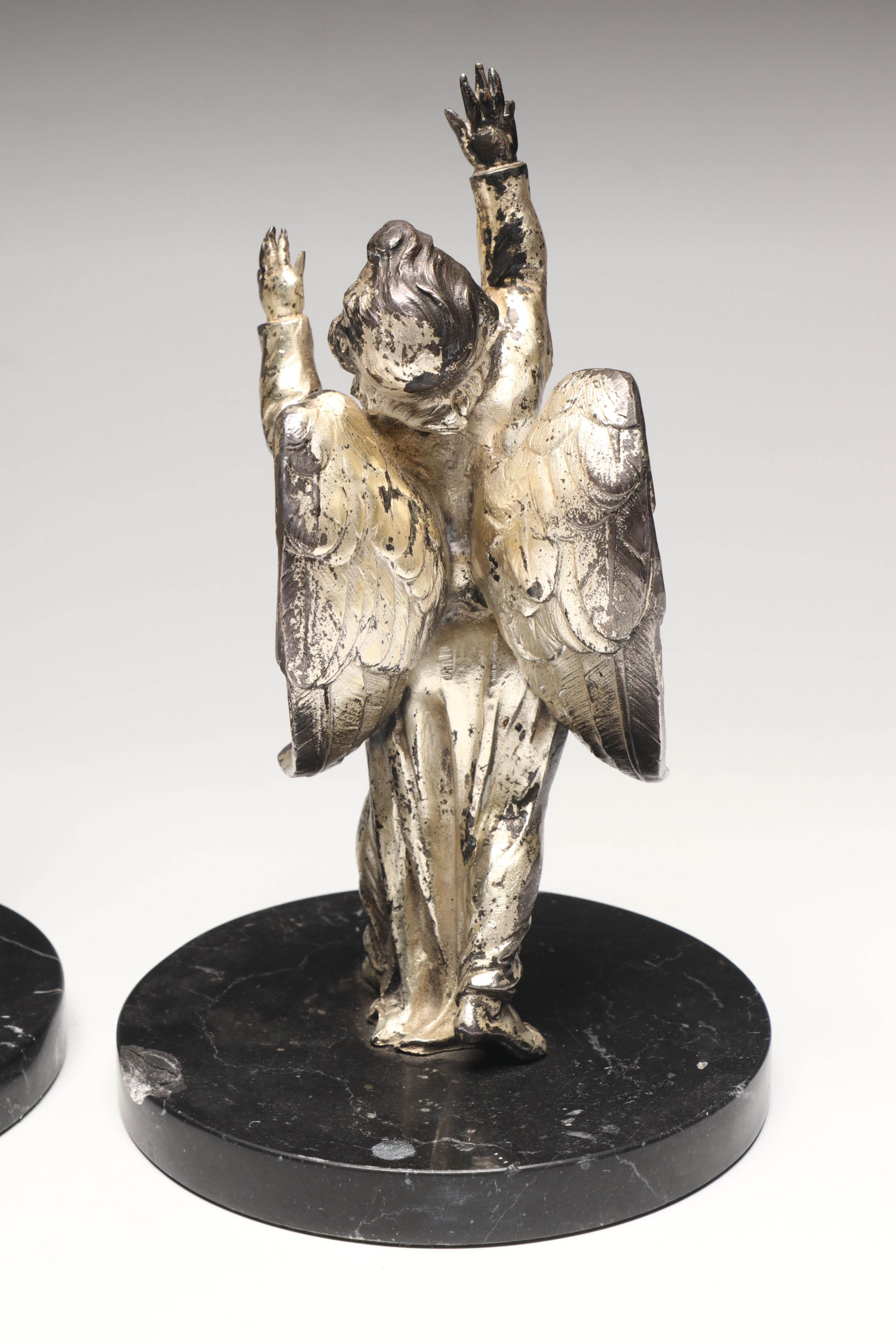 Pair of Vintage Silver Finish Baroque Style Angels on Marble Base