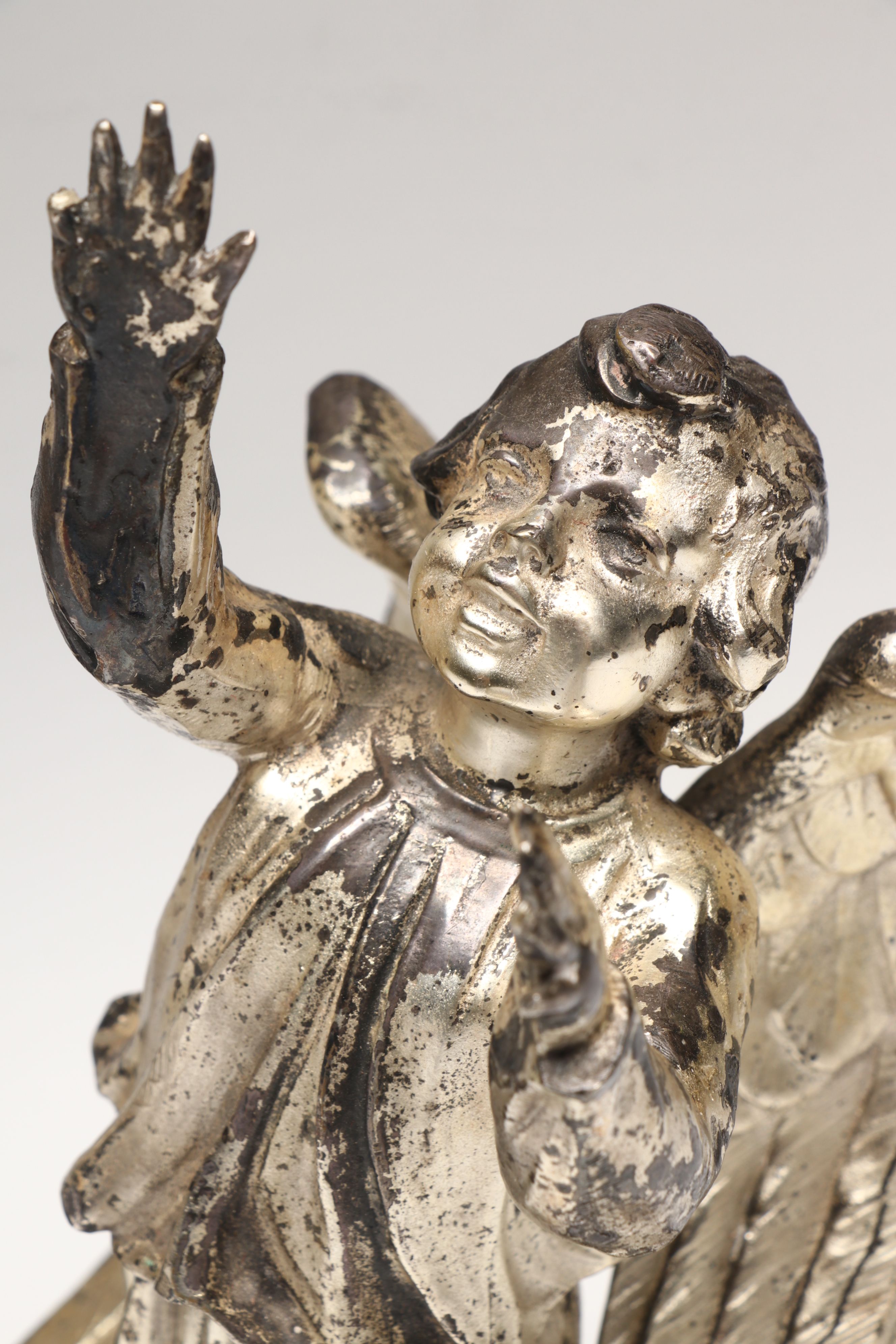 Pair of Vintage Silver Finish Baroque Style Angels on Marble Base