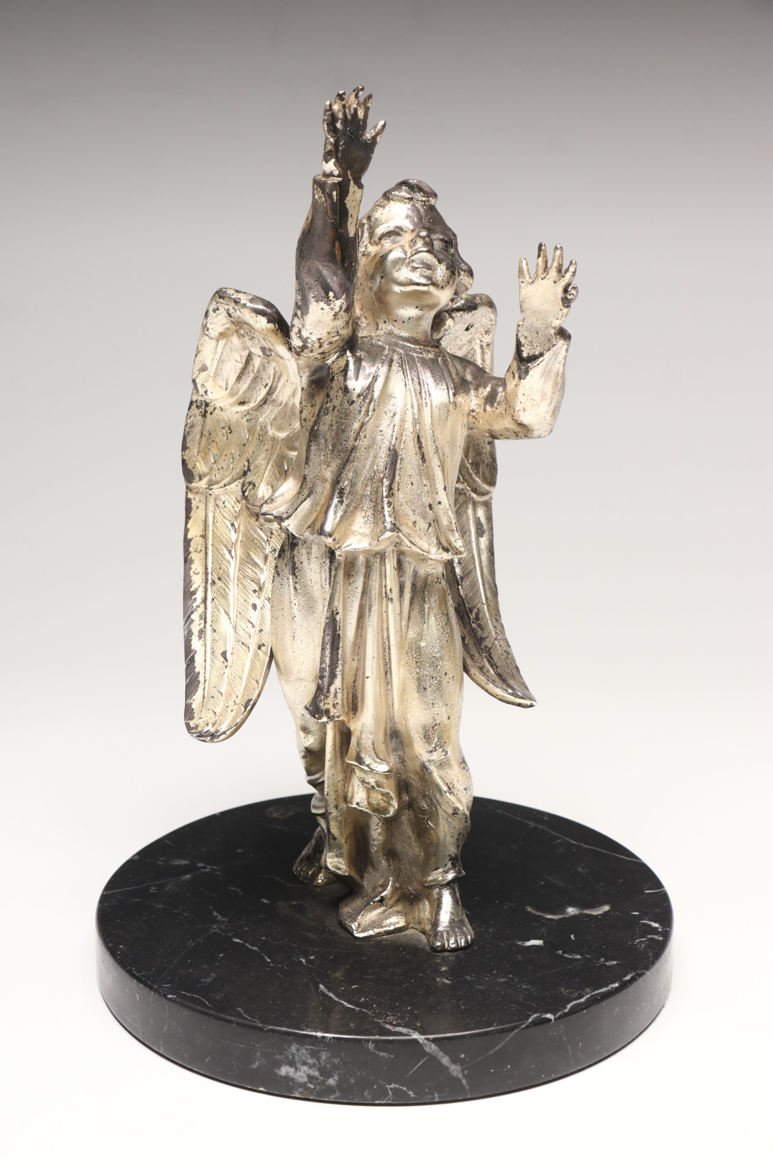 Pair of Vintage Silver Finish Baroque Style Angels on Marble Base