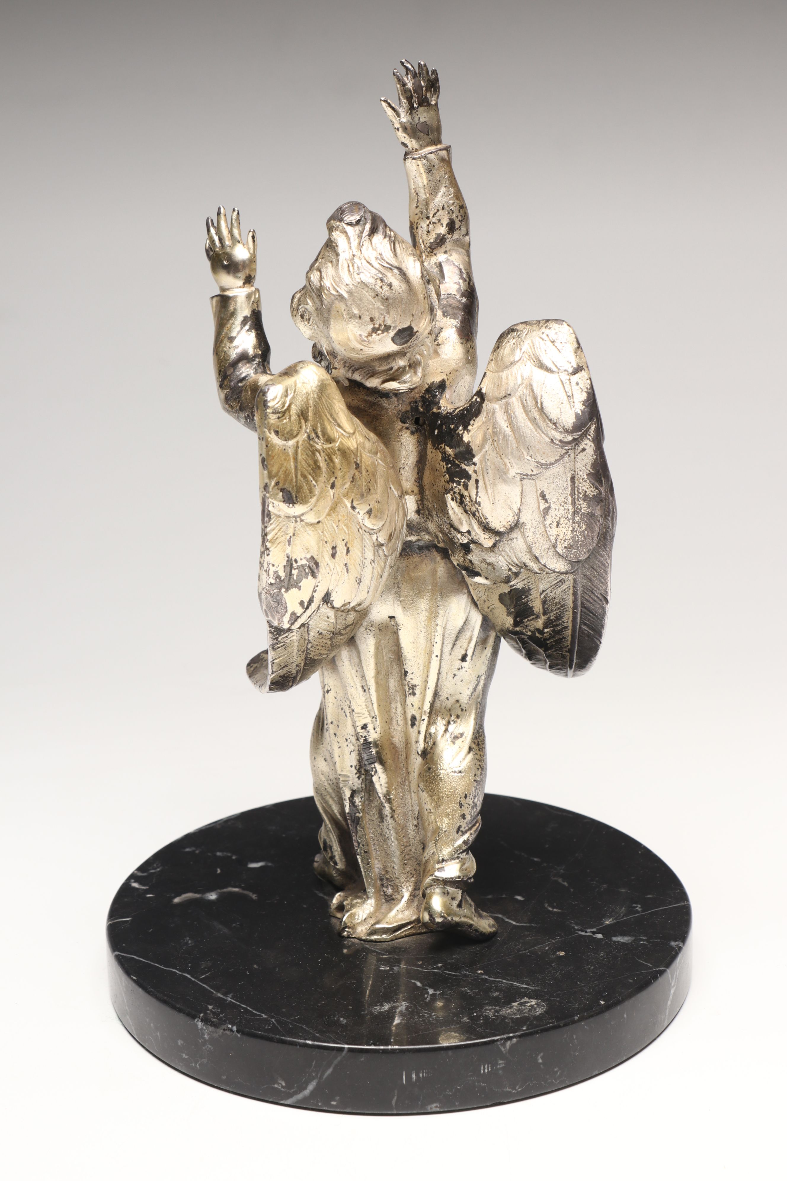 Pair of Vintage Silver Finish Baroque Style Angels on Marble Base