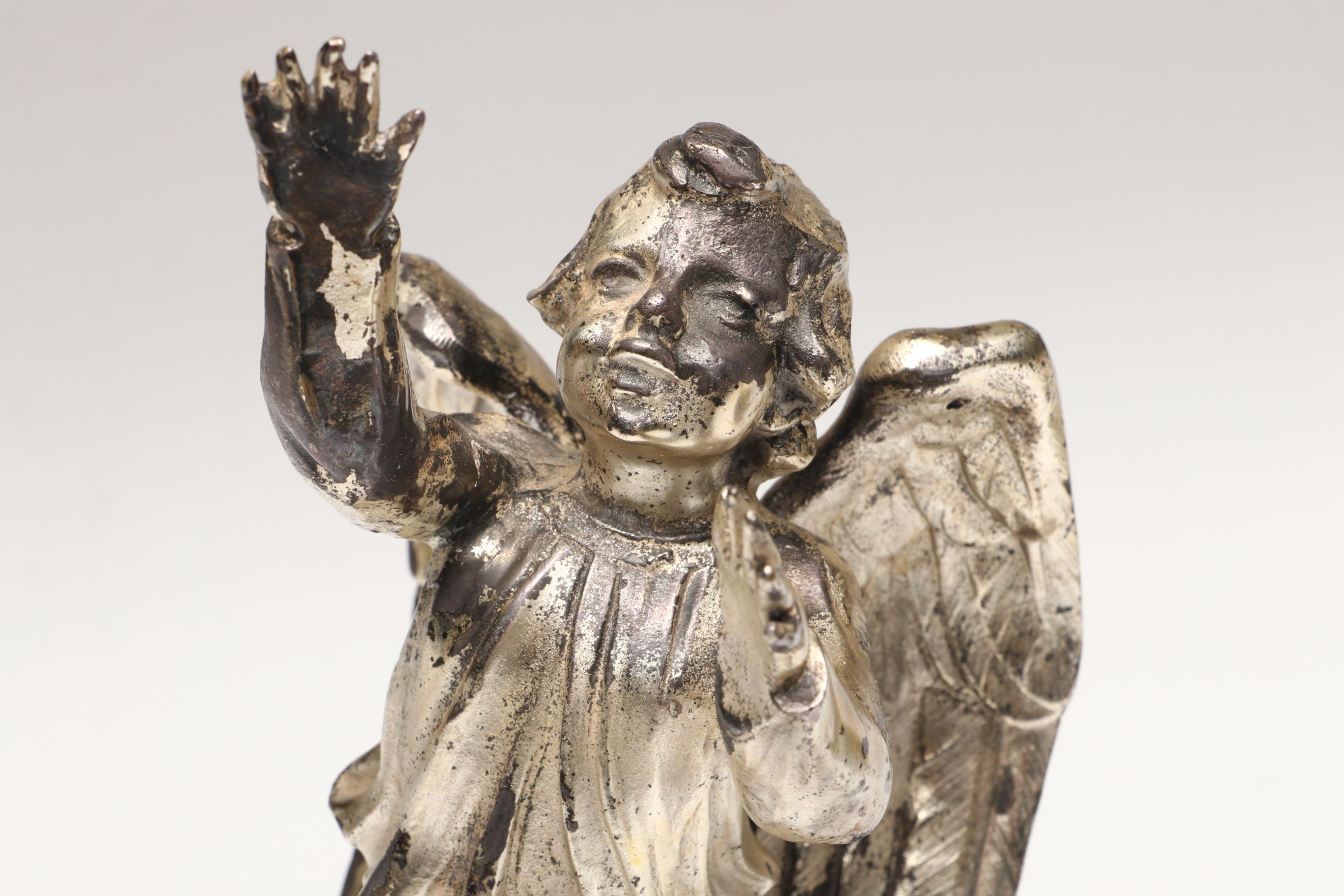 Pair of Vintage Silver Finish Baroque Style Angels on Marble Base