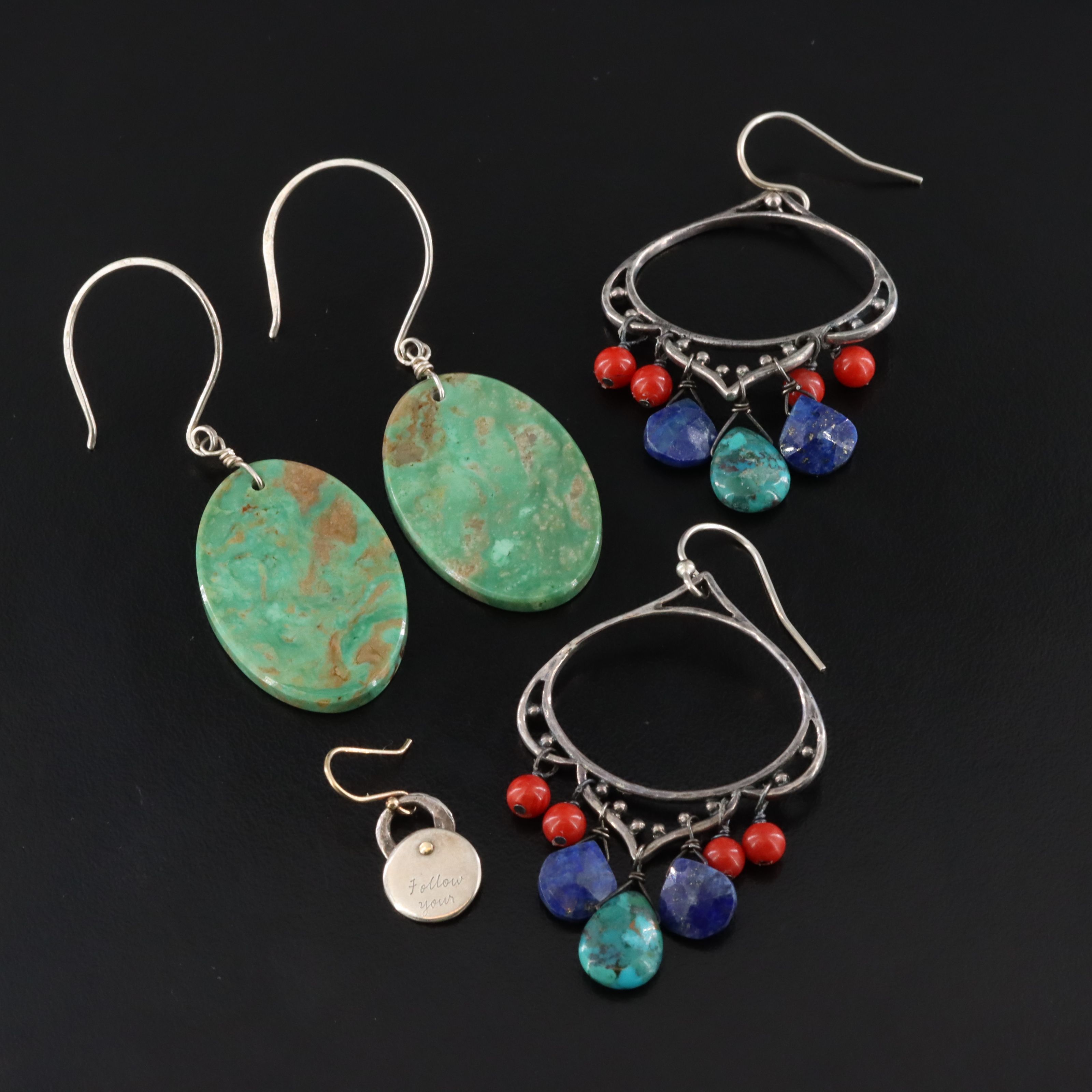 Sterling Earrings Featuring Lapis Lazuli, Coral, and Turquoise