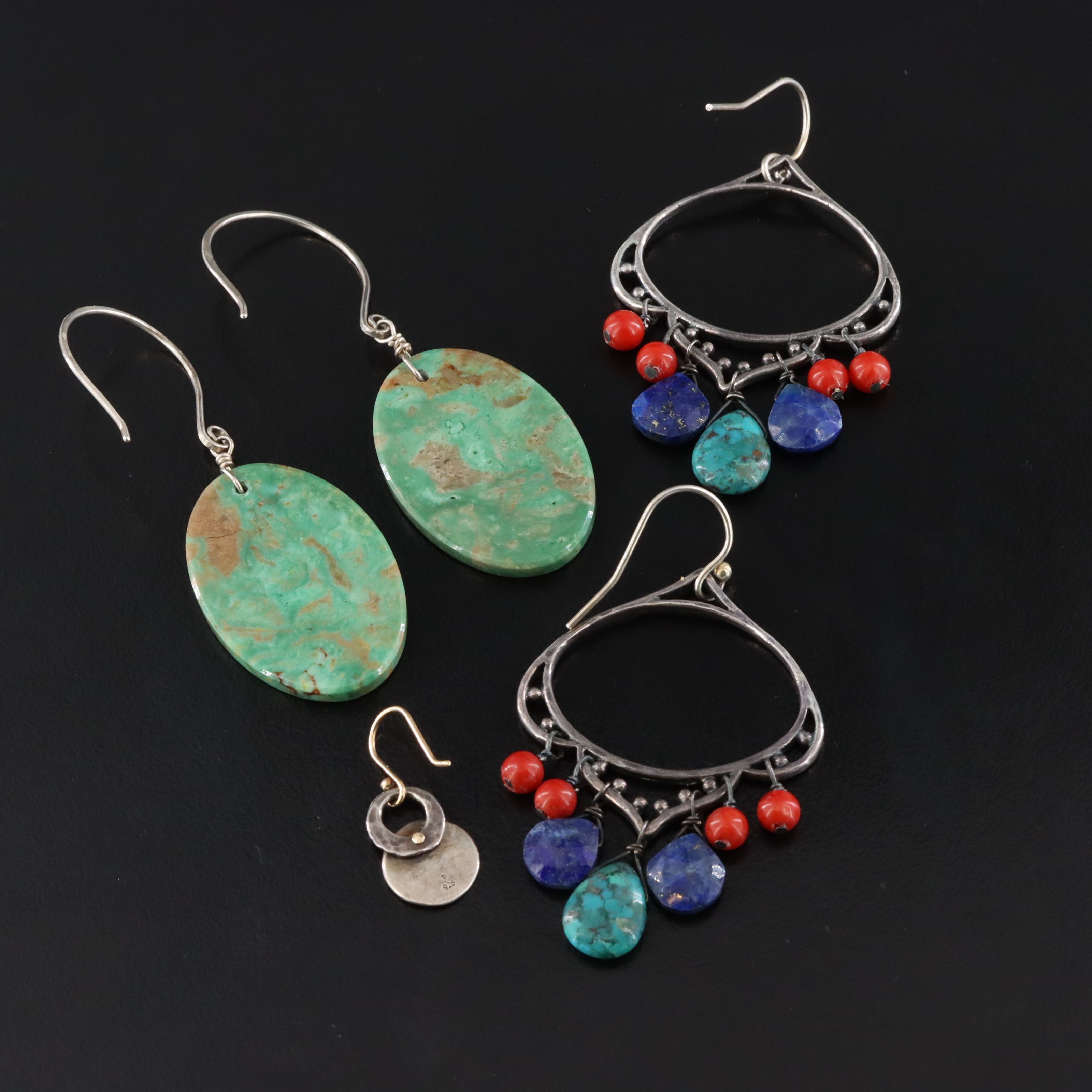Sterling Earrings Featuring Lapis Lazuli, Coral, and Turquoise