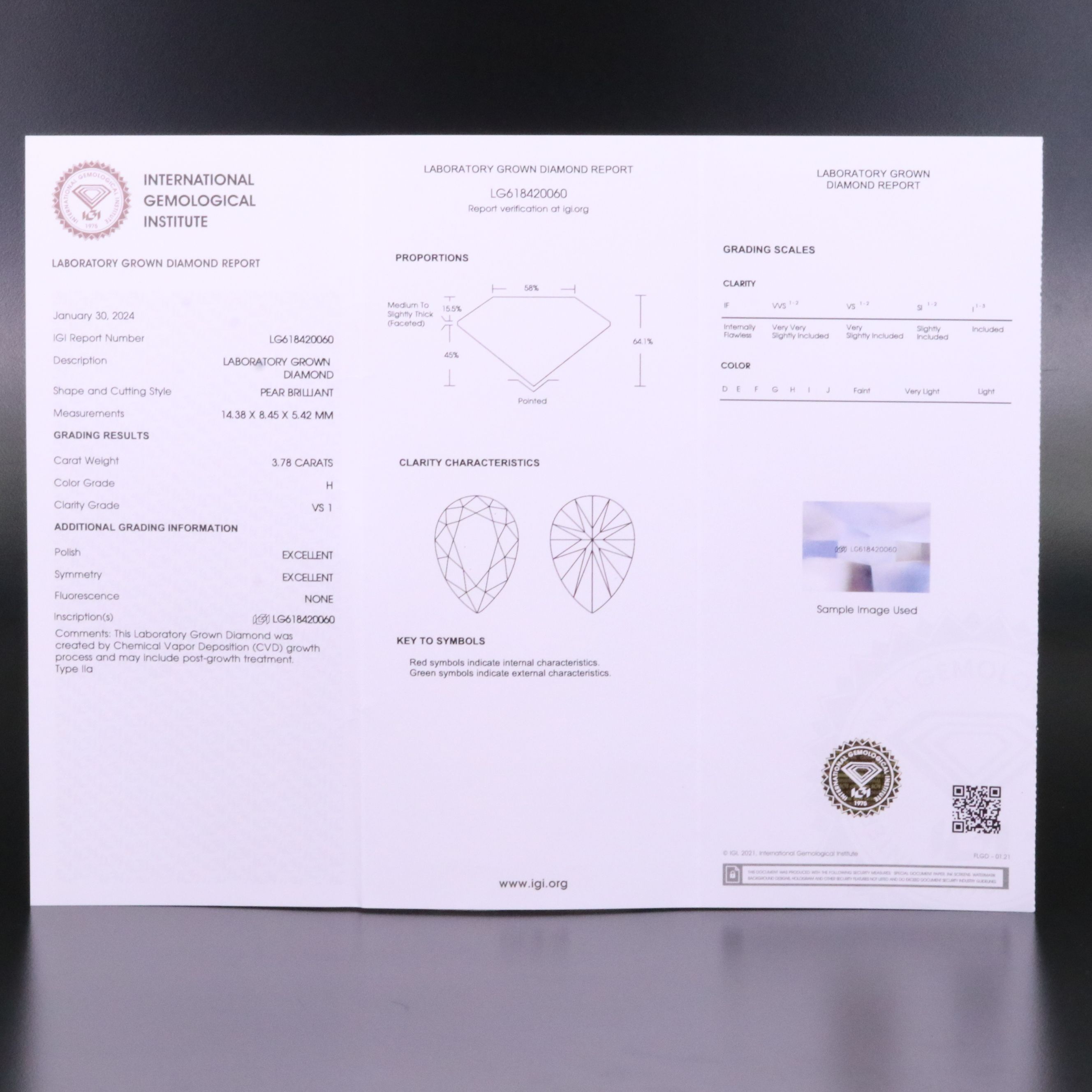 Loose 3.78 CT Lab Grown Diamond with IGI Report