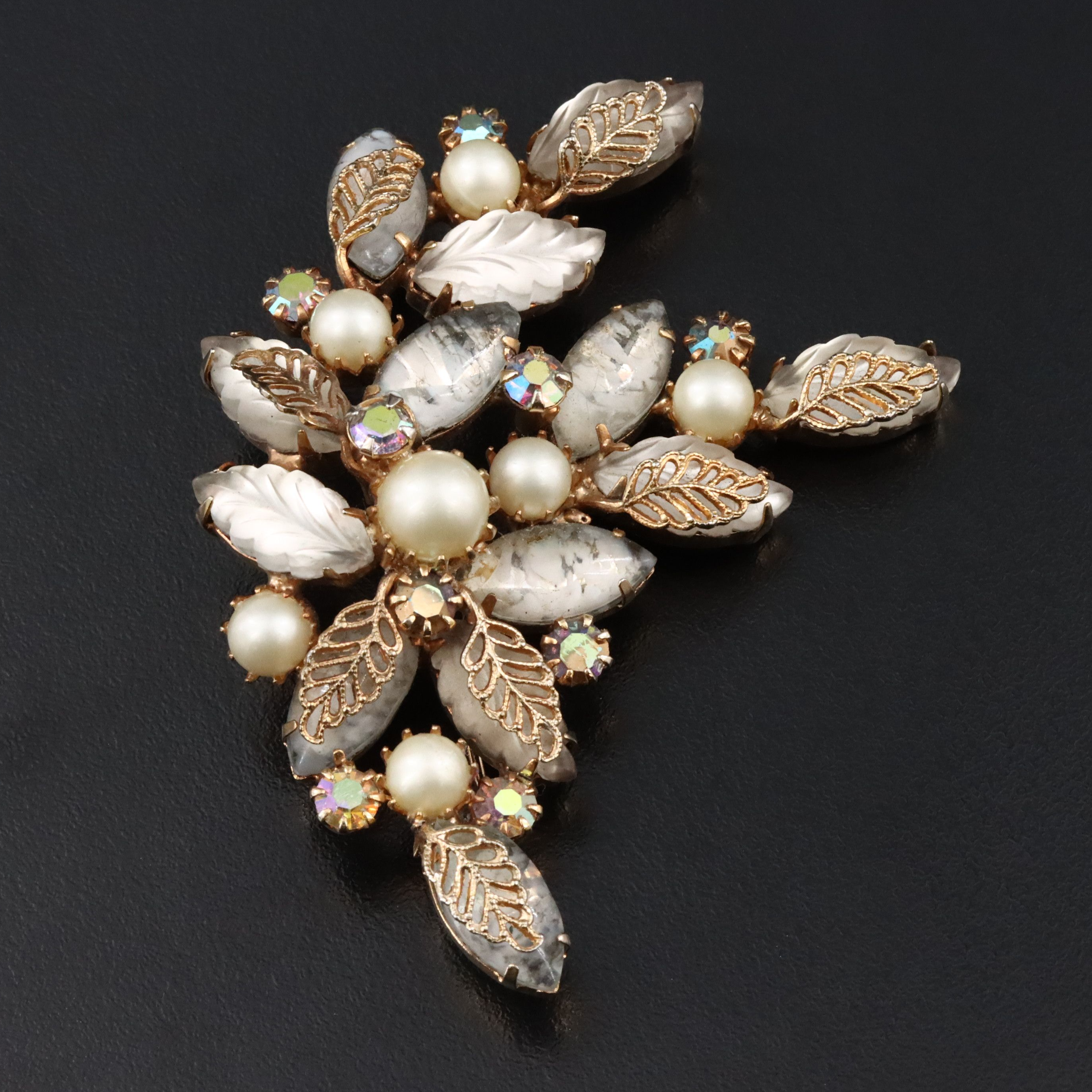 Kramer Spray Brooch with Faux Pearls and Aurora Borealis