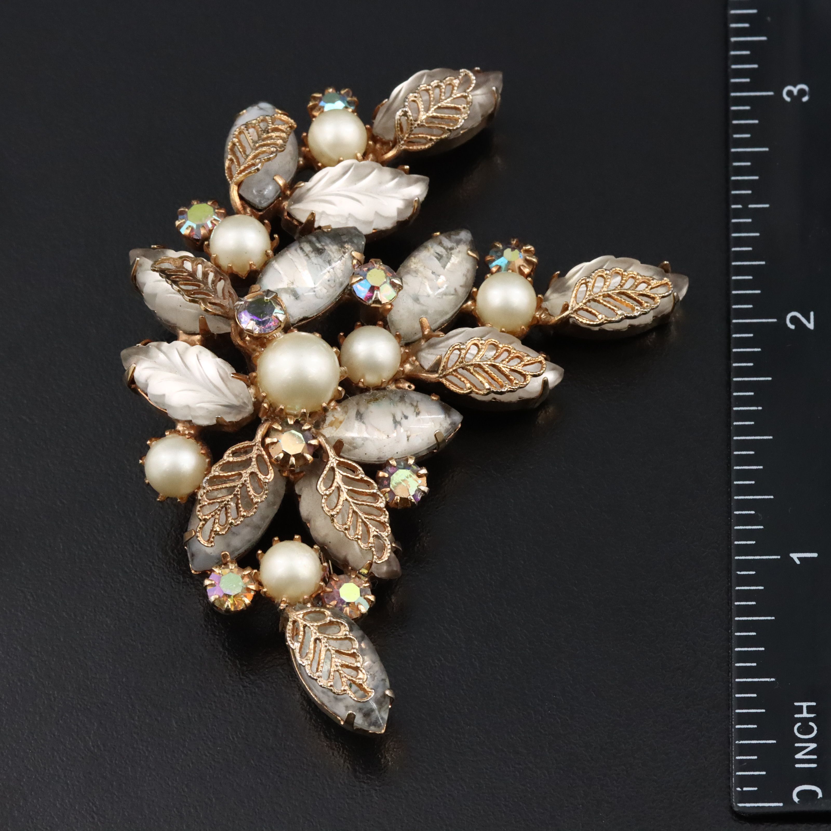 Kramer Spray Brooch with Faux Pearls and Aurora Borealis