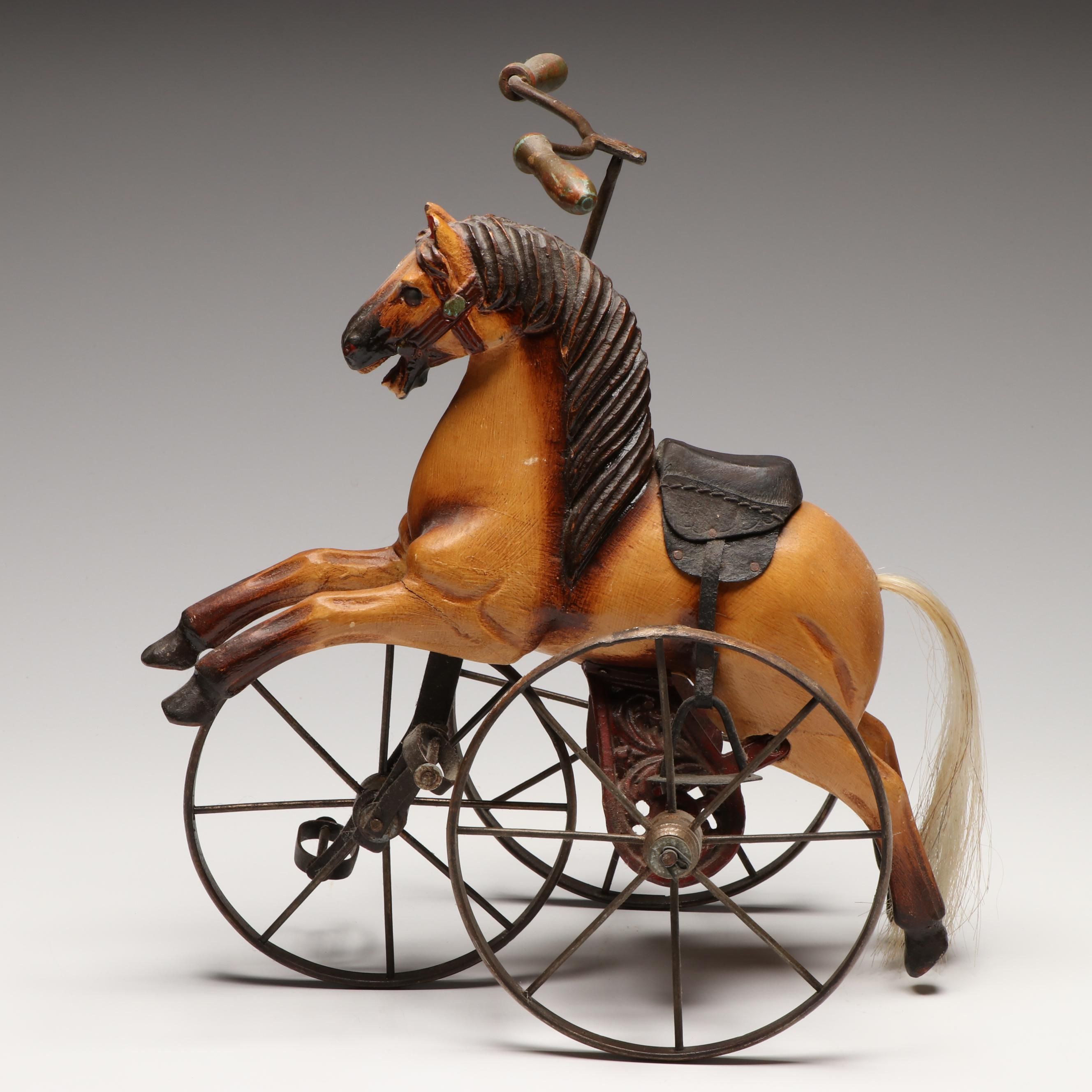 Contemporary Carved Wooden Horse Tricycle Toy