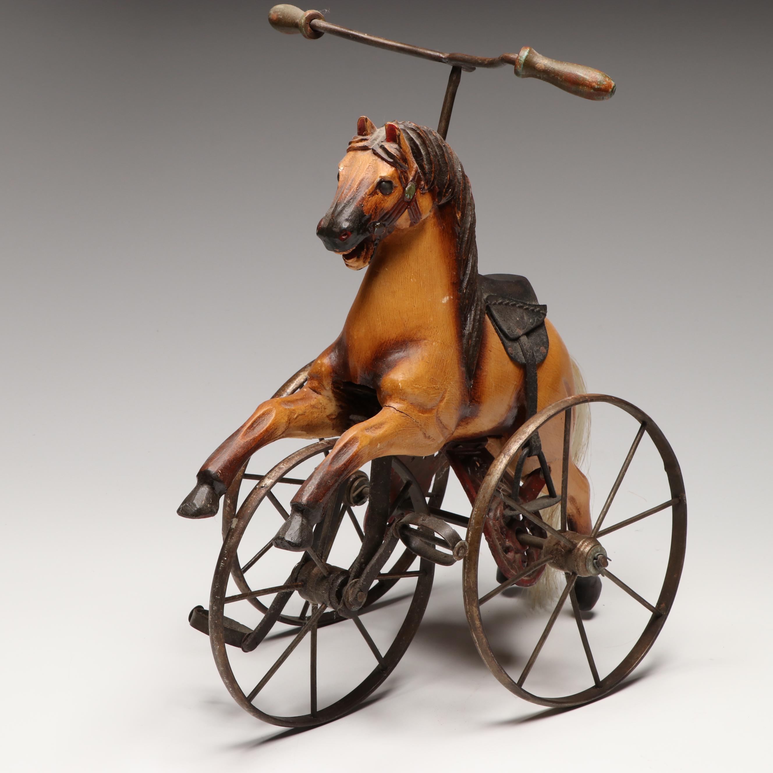 Contemporary Carved Wooden Horse Tricycle Toy