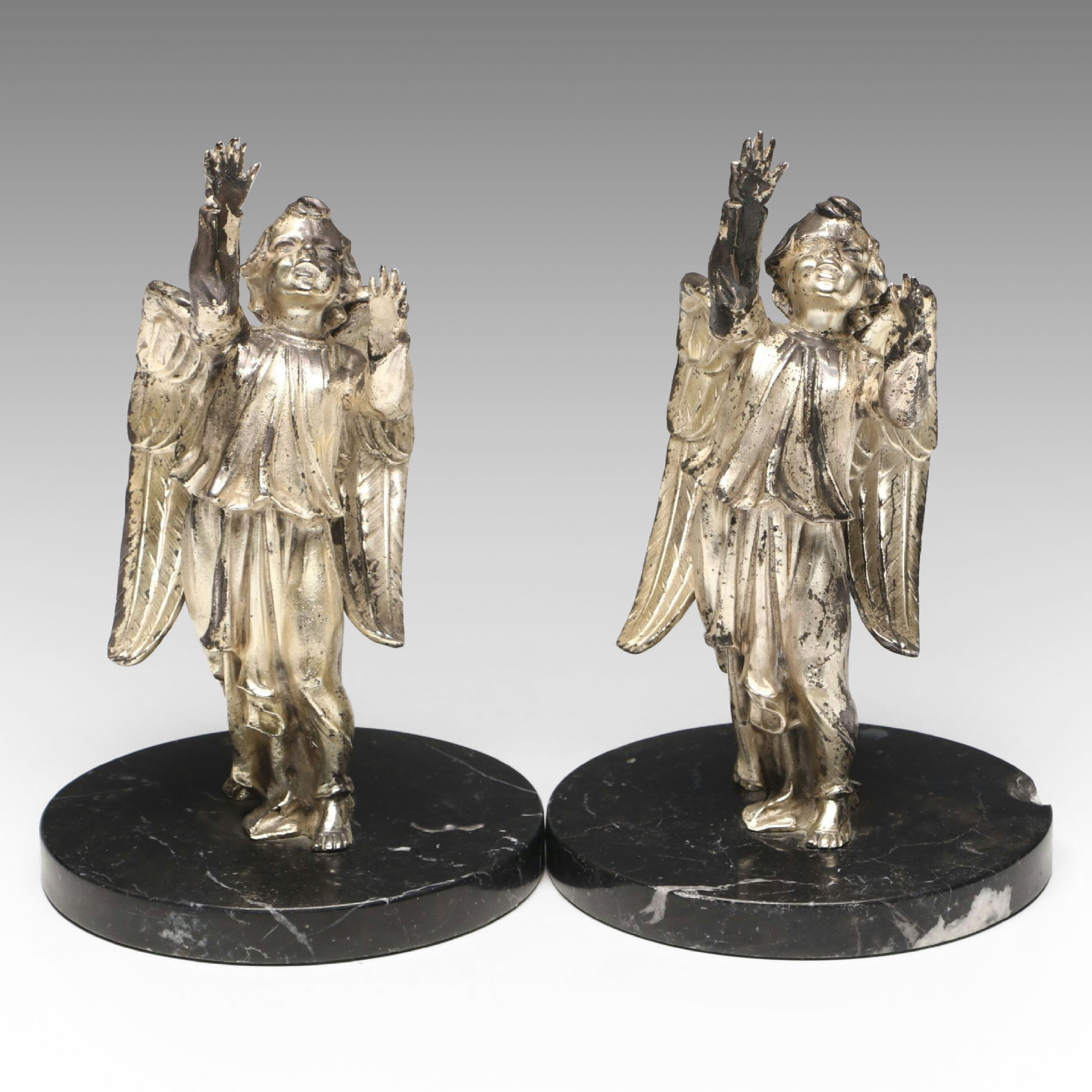 Pair of Vintage Silver Finish Baroque Style Angels on Marble Base