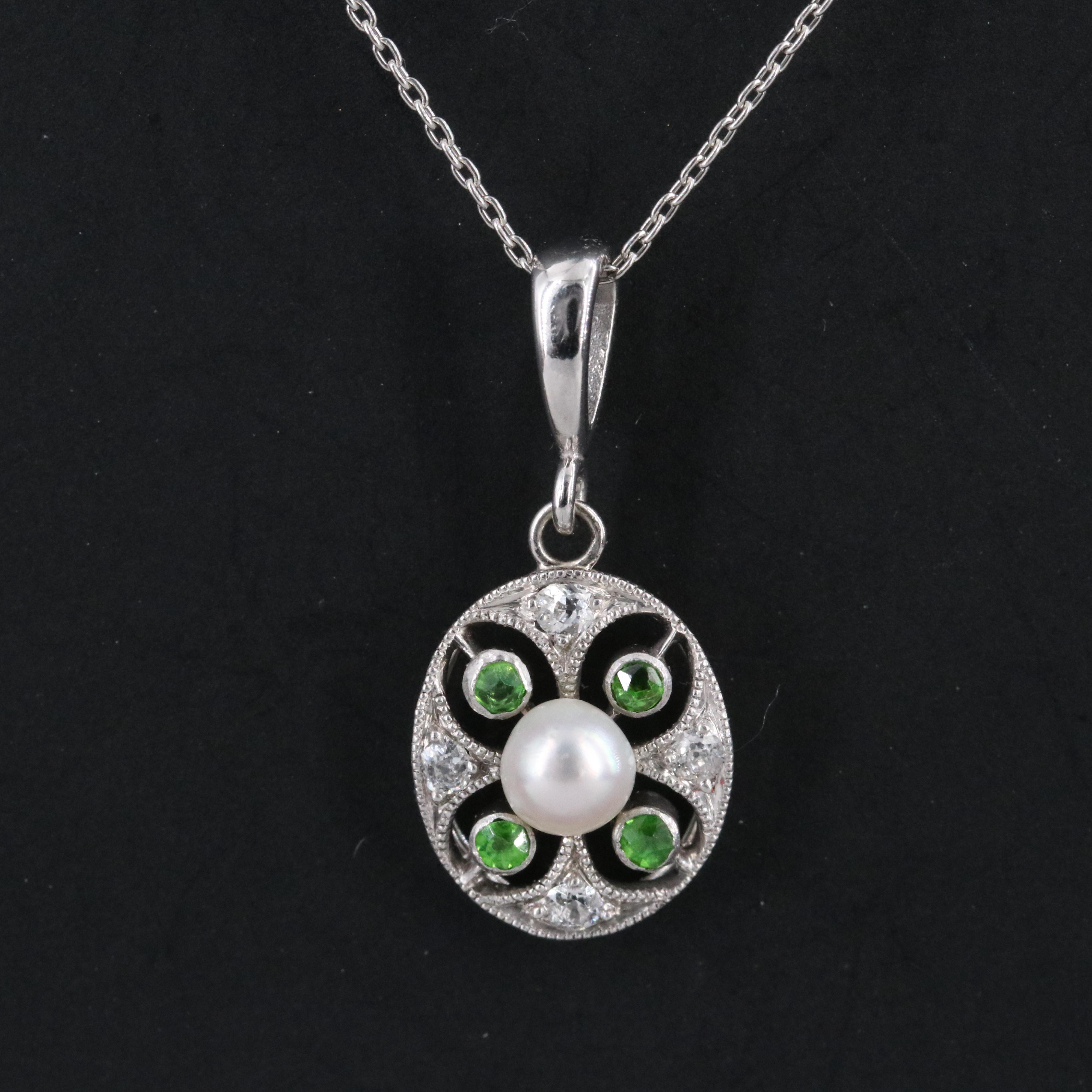 Edwardian Pearl, Demantoid and Diamond Pendant Necklace
