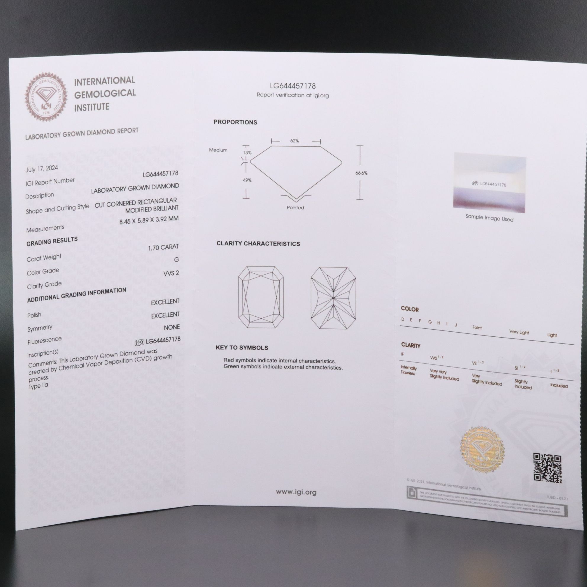 Loose 1.70 CT Lab Grown Diamond with IGI Report