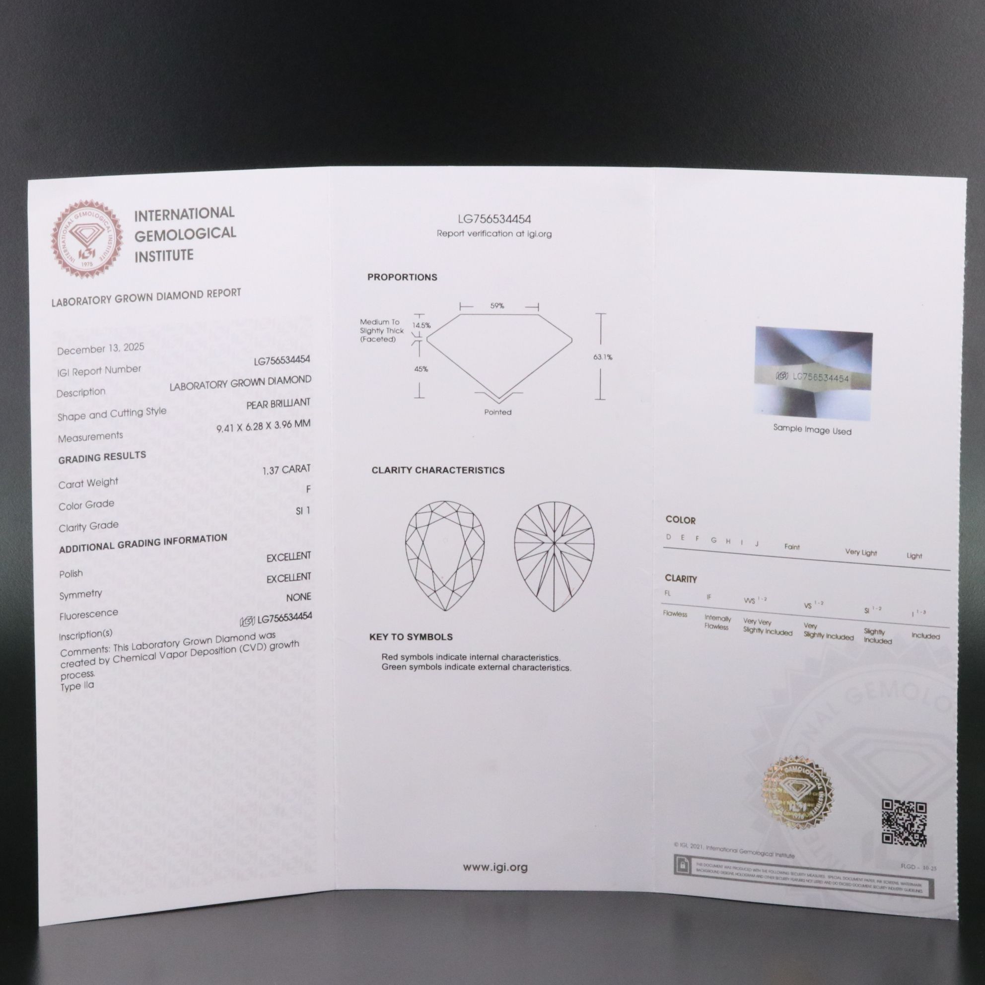 Loose 1.37 CT Lab Grown Diamond with IGI Report