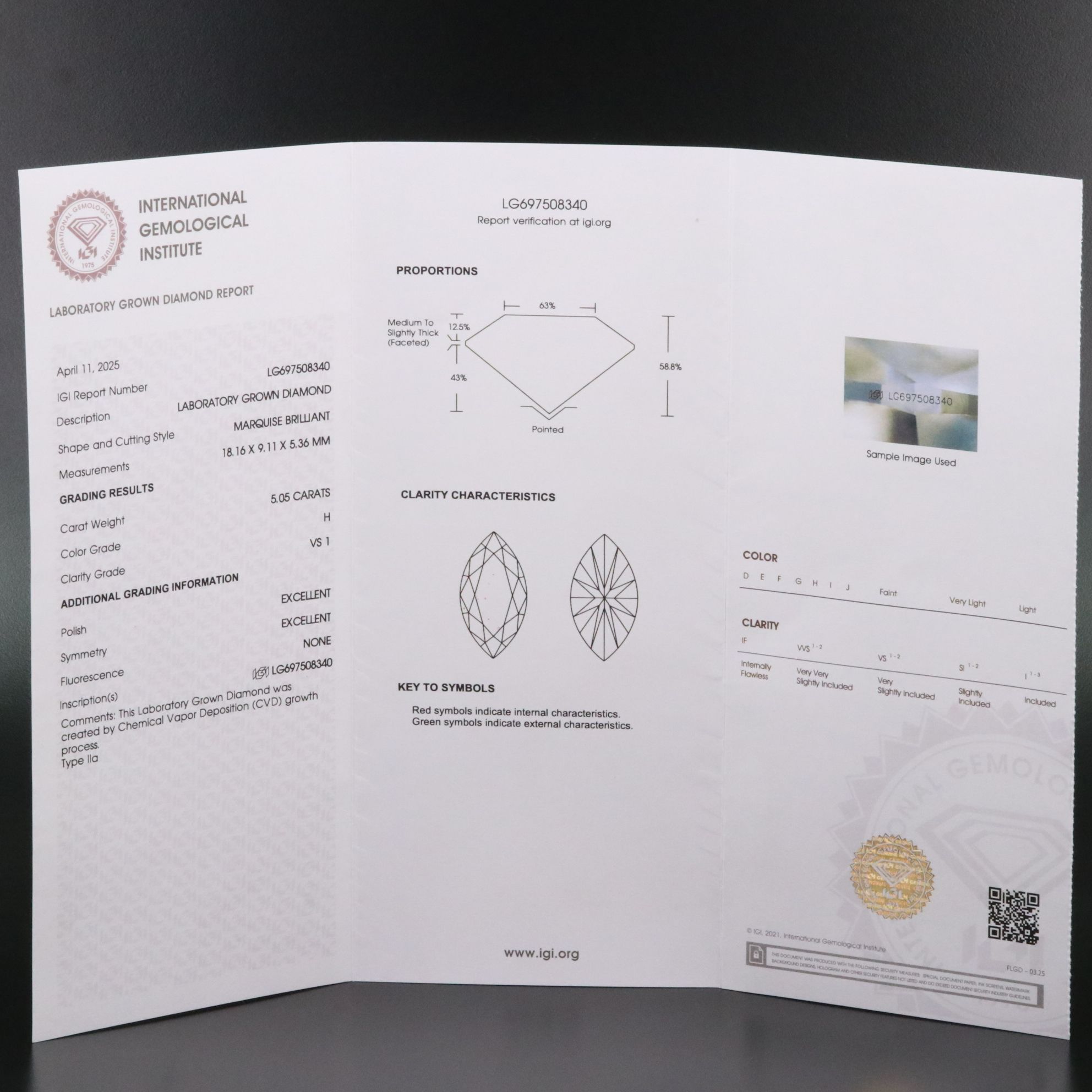 Loose 5.05 CT Lab Grown Diamond with IGI Report