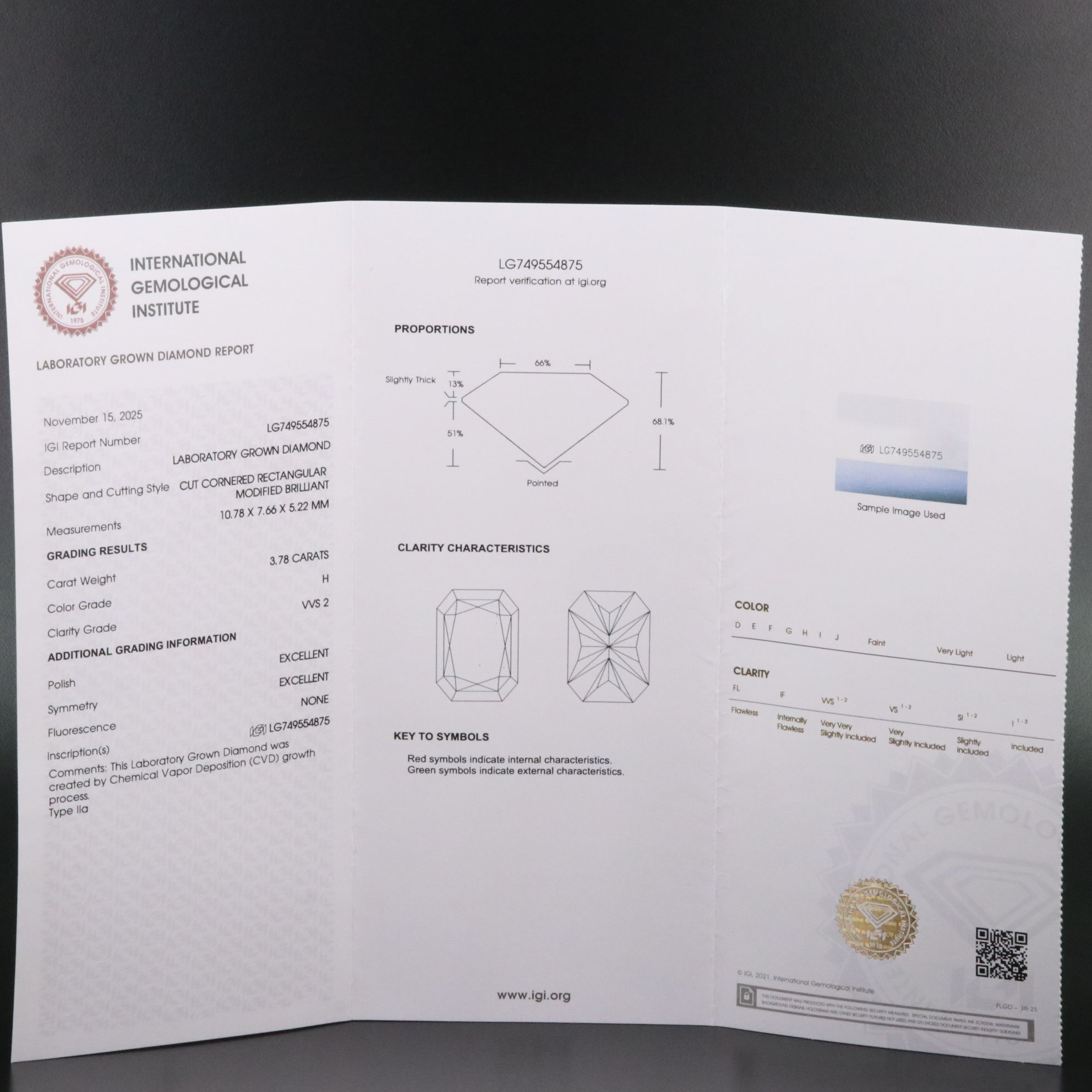 Loose 3.78 CT Lab Grown Diamond with IGI Report