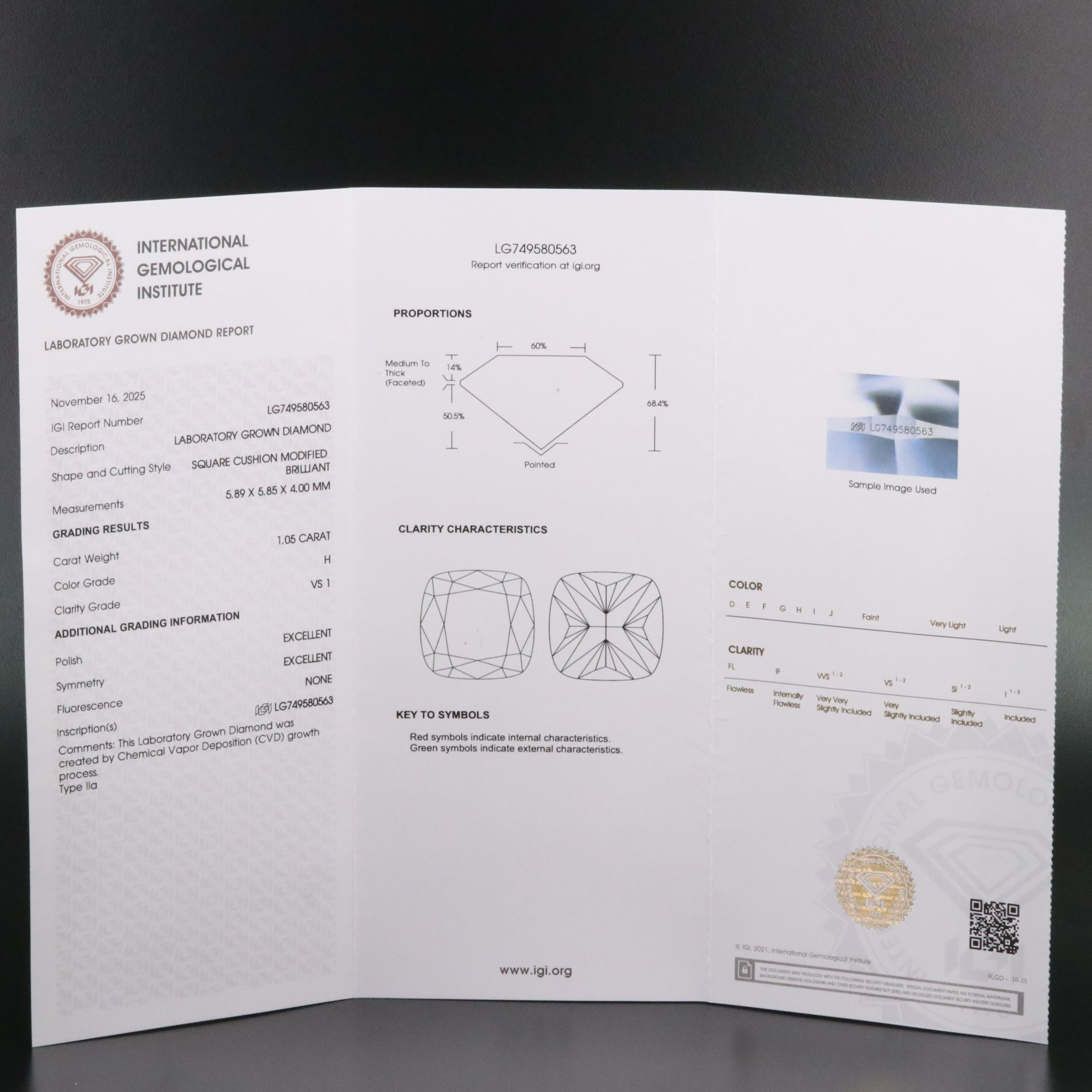Loose 1.05 CT Lab Grown Diamond with IGI Report