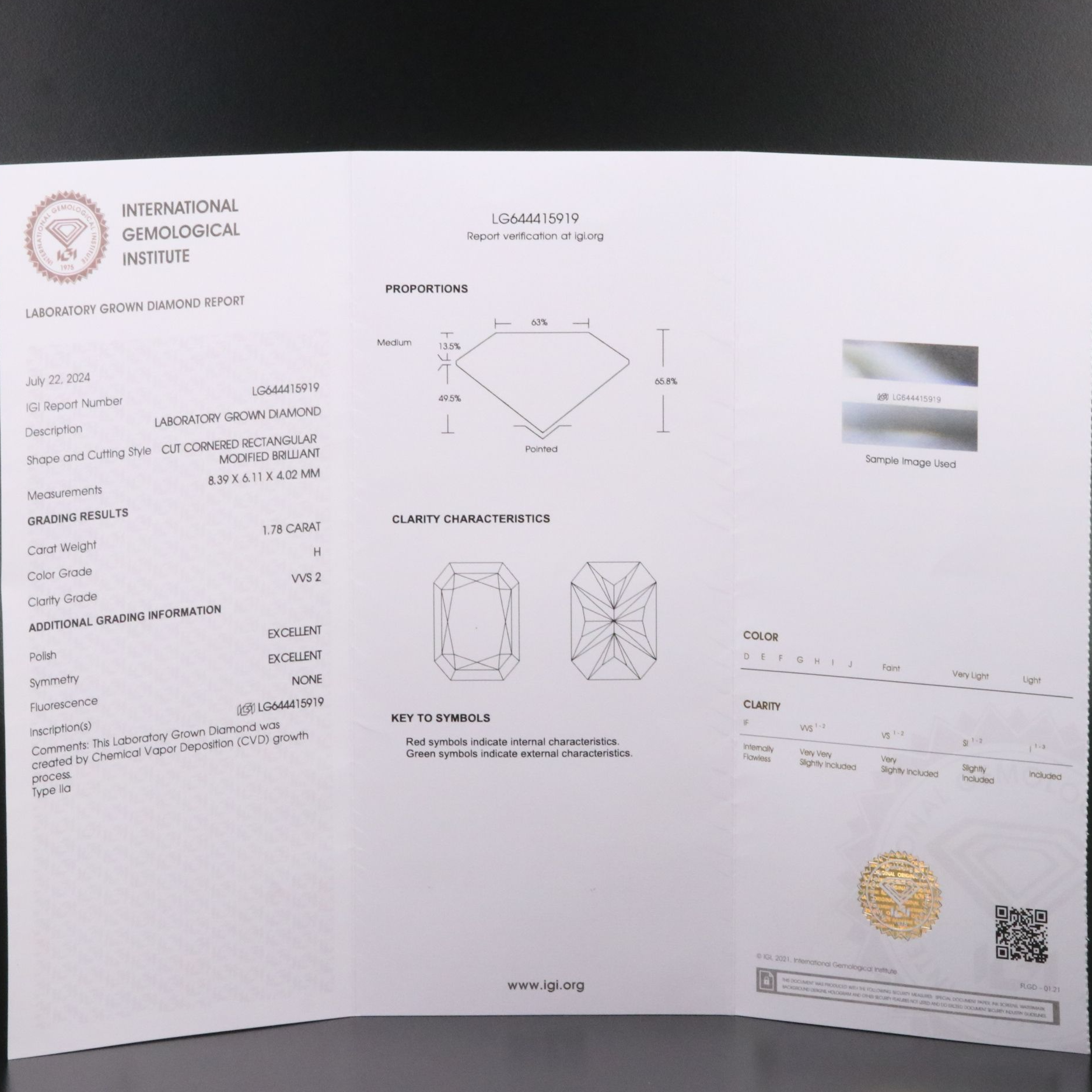 Loose 1.78 CT Lab Grown Diamond with IGI Report